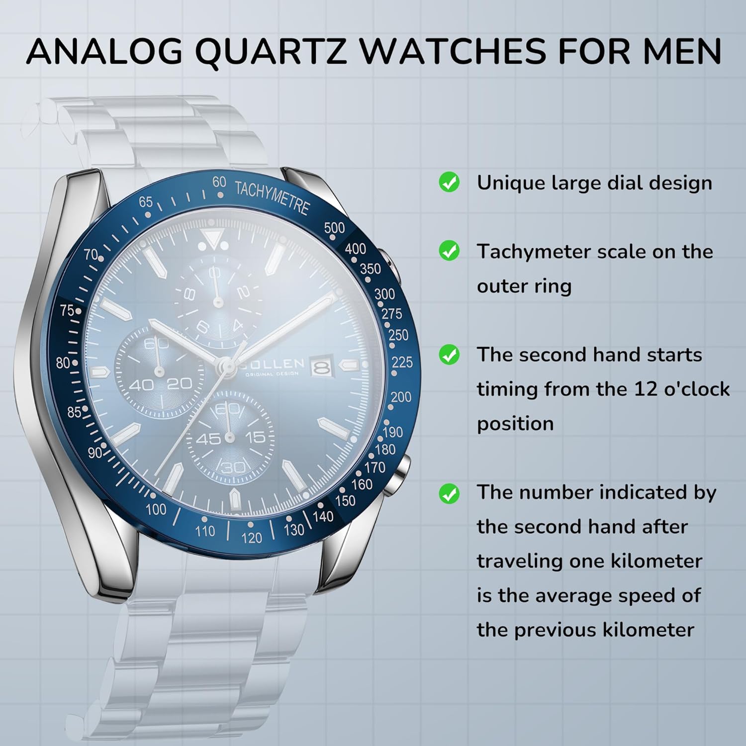 SOLLEN Mens Chronograph Watches, Analog Quartz Watch for Men, Big Face Stainless Steel Watch with Calendar, 30M Waterproof Business Work Casual Dress Designer Mens Wrist Watches, Elegant Gifts for Men - Image 3