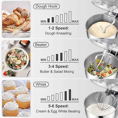 Miniatura 3 de VEVOR Stand Mixer, 450W Electric Dough Mixer with 6 Speeds LCD Screen Timing, Tilt-Head Food Mixer with 7.4Qt Stainless Steel Bowl, Dough Hook, Flat