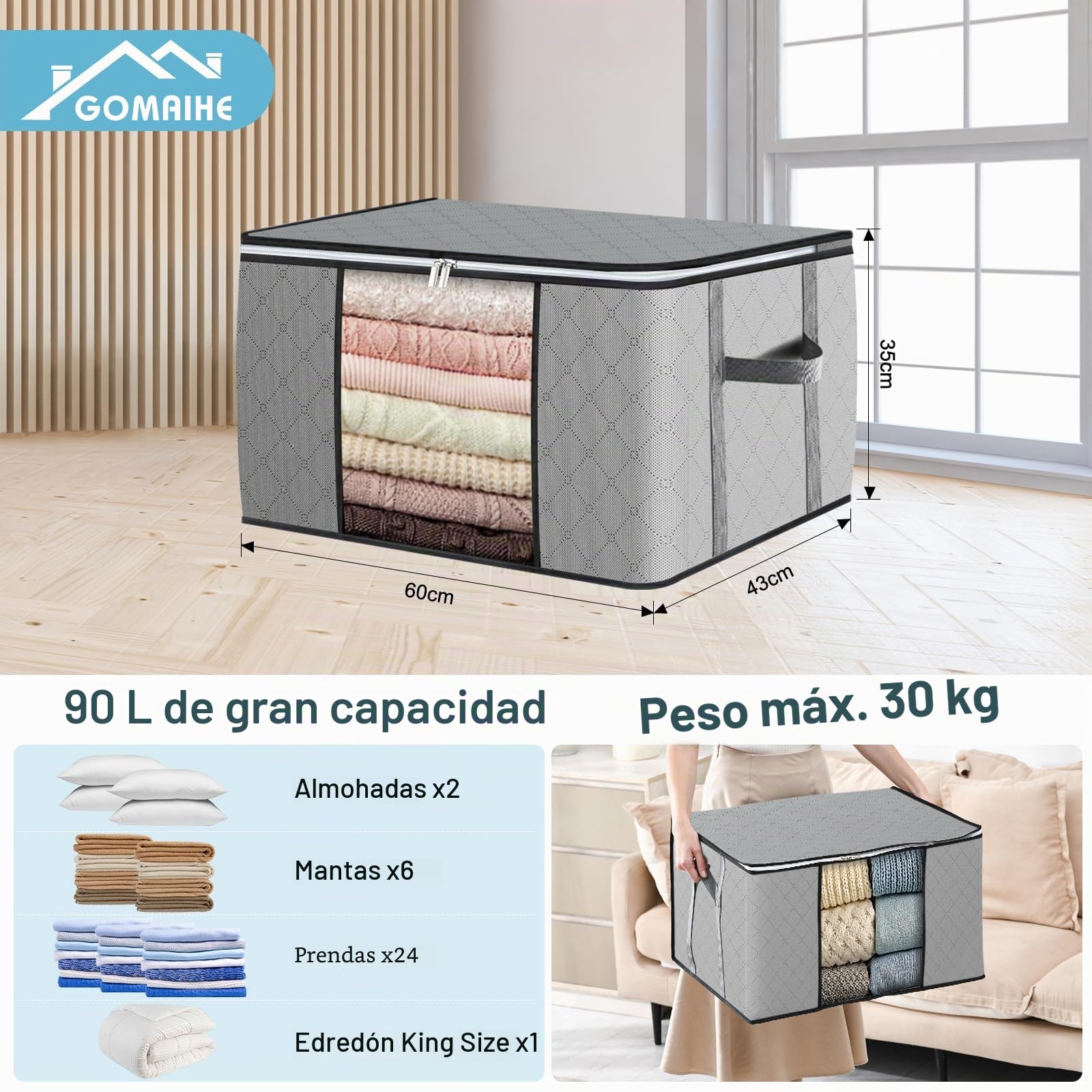 GoMaihe 90L Bolsa de almacenamiento 8 unidades con tapa grande asas reforzadas cajas de mudanza para ropa de cama