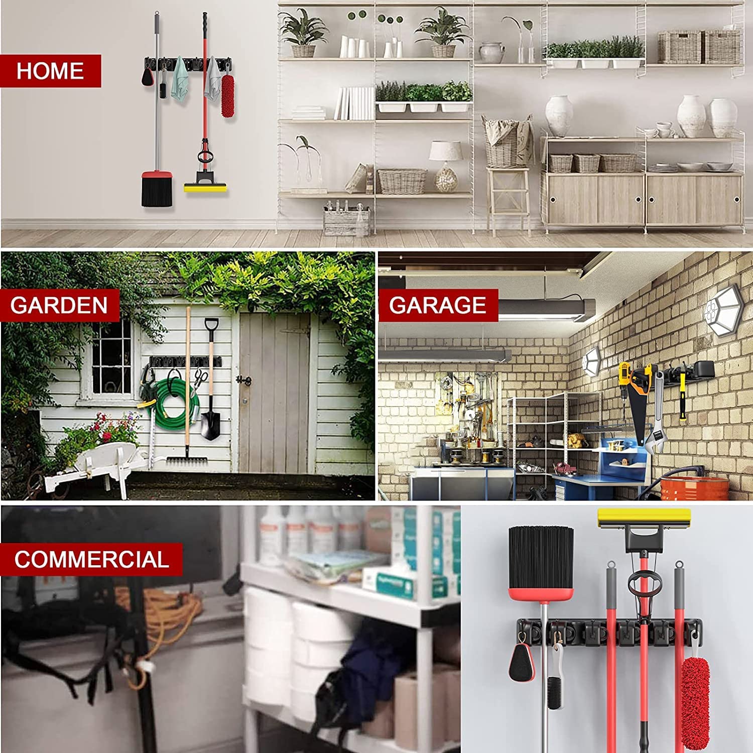 Kienlix Plastic Mop And Broom Holder Wall Mount Hanging Shelves, Heavy Duty Broom Holder Wall Mounted Or Tool Organizer For Home Garden Garage And Storage (5 Positions With 6 Hooks) (Black) - Image 5 thumbnail