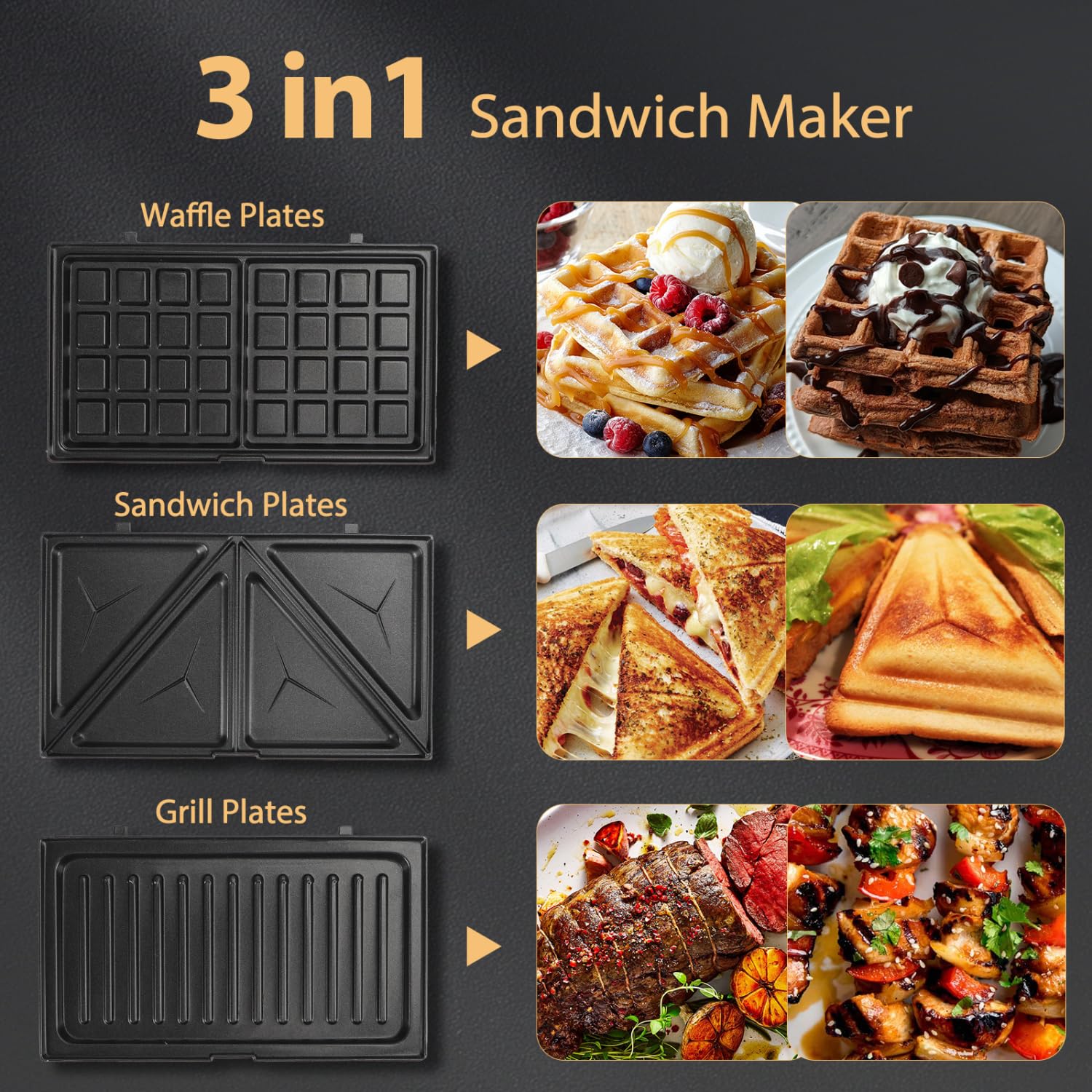 Aigostar Sandwichera 3 en 1: Sandwichera, Gofrera y Grill, 750W, 3 Placas Desmontables Antiadherentes e Intercambiables, Indicador Luminoso, Termostato, Gris, Grace