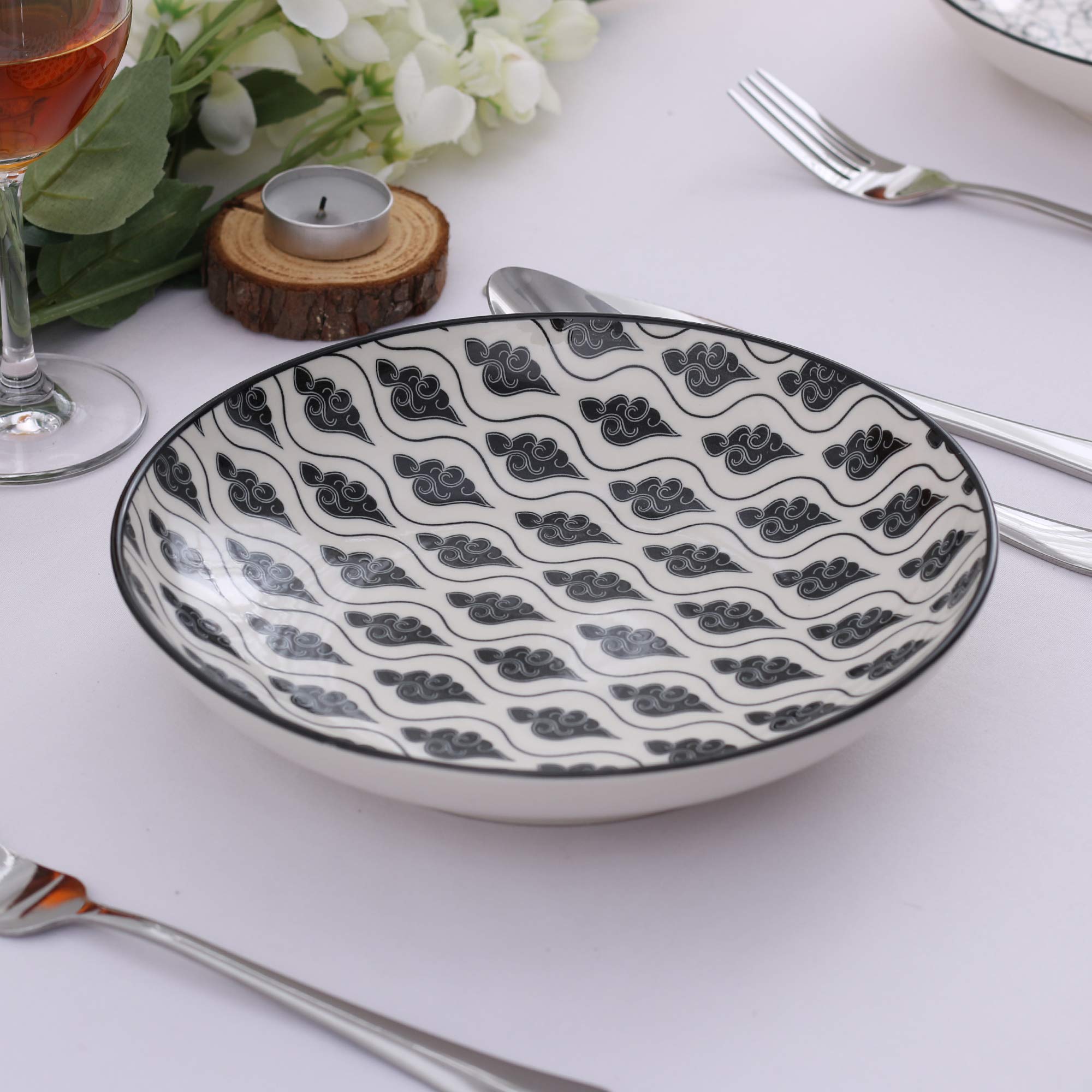 Vancasso Haruka Set 8 Pezzi Servizio da Tavola Porcellana, Set di Piatti Fondi Piatti Piatto, Piatti da Dessert Insalata Pasta Pizza Tondo Colore Verde Nera Bianca per 8 Persone