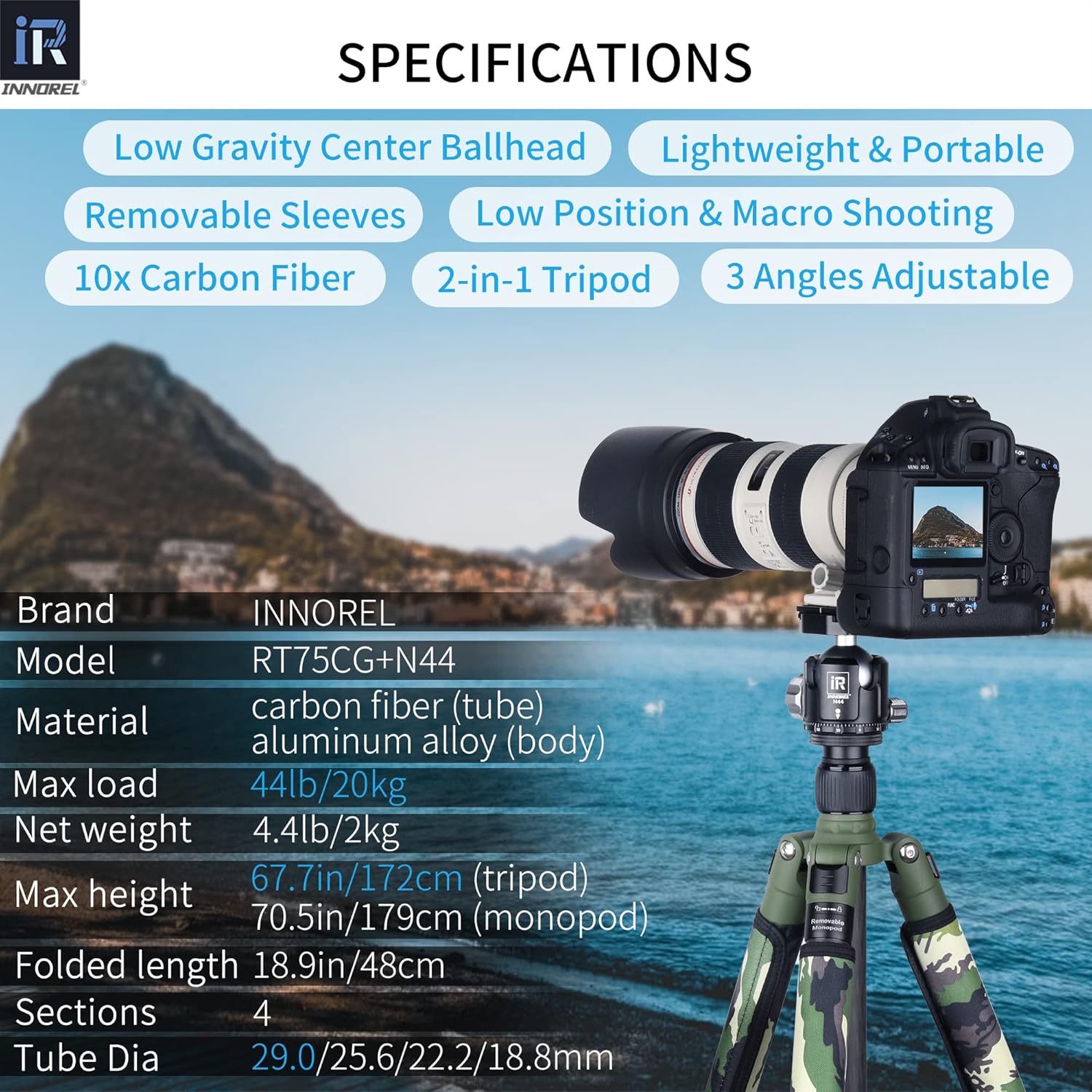 Carbon Fiber Tripod-RT75CG Super Professional Tripod Monopod Heavy Duty Compact Stand Support with 44mm/1.73in Low Gravity Center 360°Panoramic ballhead for Digital DSLR Camera, max Load 20kg/44lb