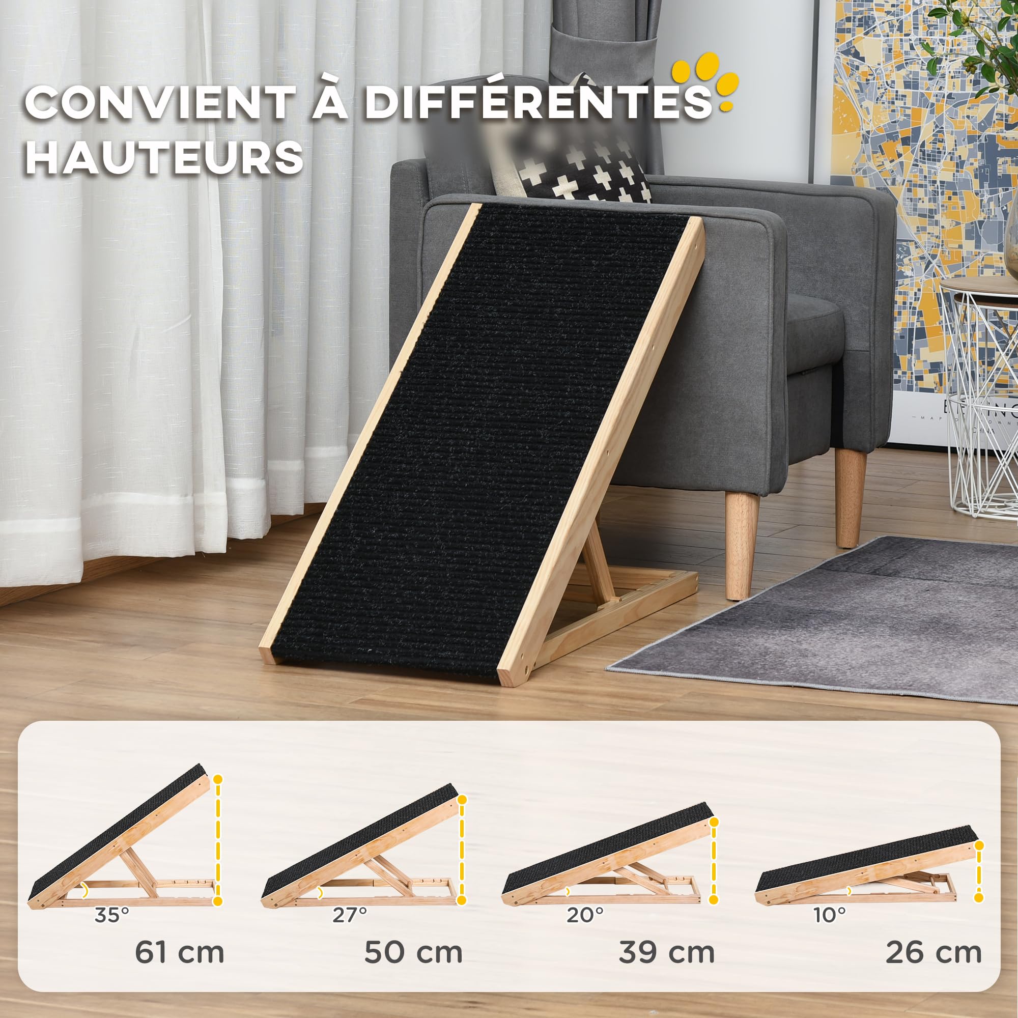 PawHut Rampe pour Chien de Grande Taille Pliable, escalier pour Chien avec Hauteur Ajustable 26-61 cm, Surface antidérapante, Facile à Transporter, pour lit et canapé, Bois de pin, Noir