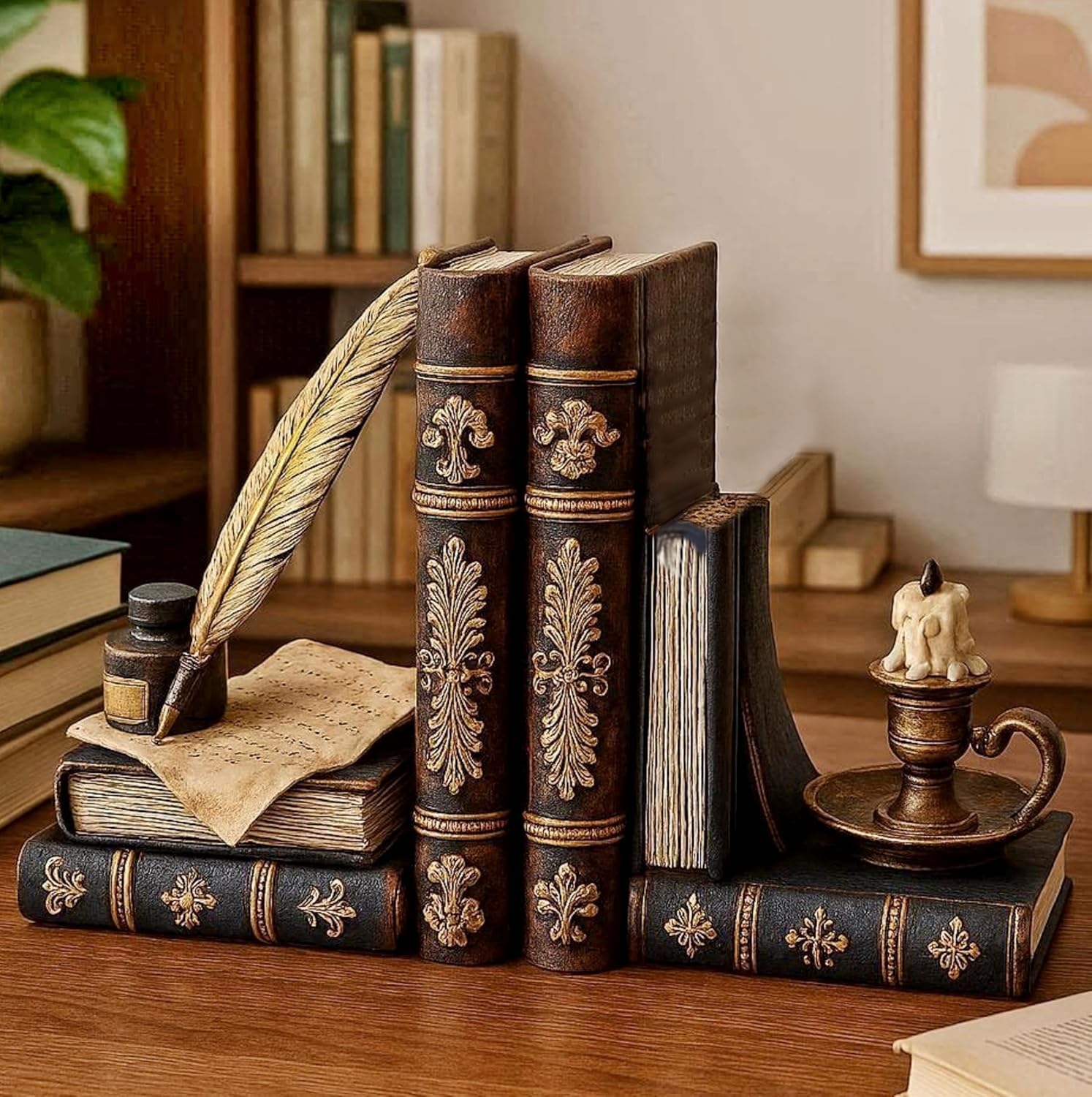 Vintage Bookends Wizard Feather Quill Pen & Ink Bottle with Oil Lamp Set of 2, Magical Antique Bronze Decorative Book Ends for Shelves, Office, Library Home Desk Decor