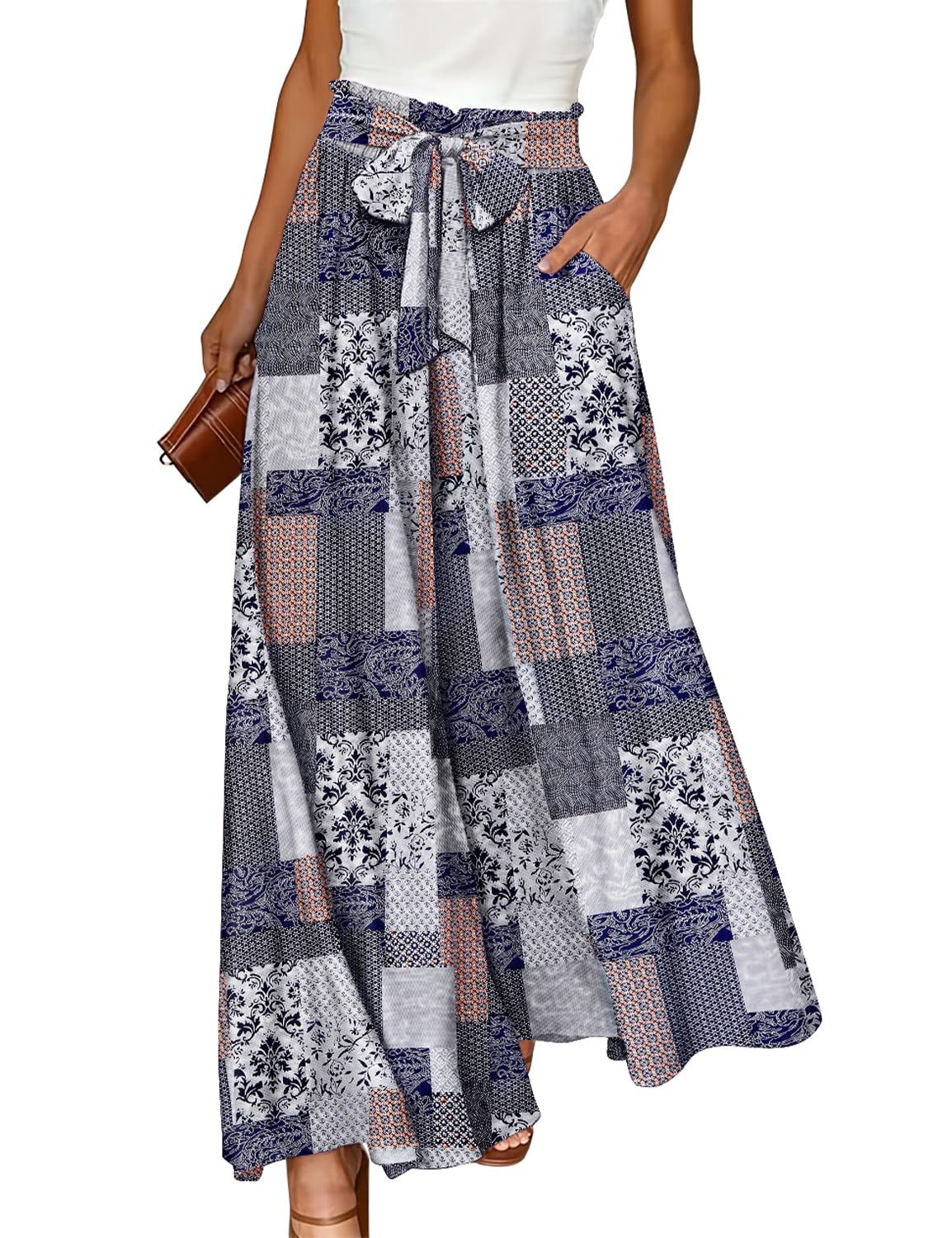 YESNO Women Wide Leg Pants High Waisted Floral Boho Palazzo Culottes Casual Flowy Tie Knot Trousers with Pockets PPS