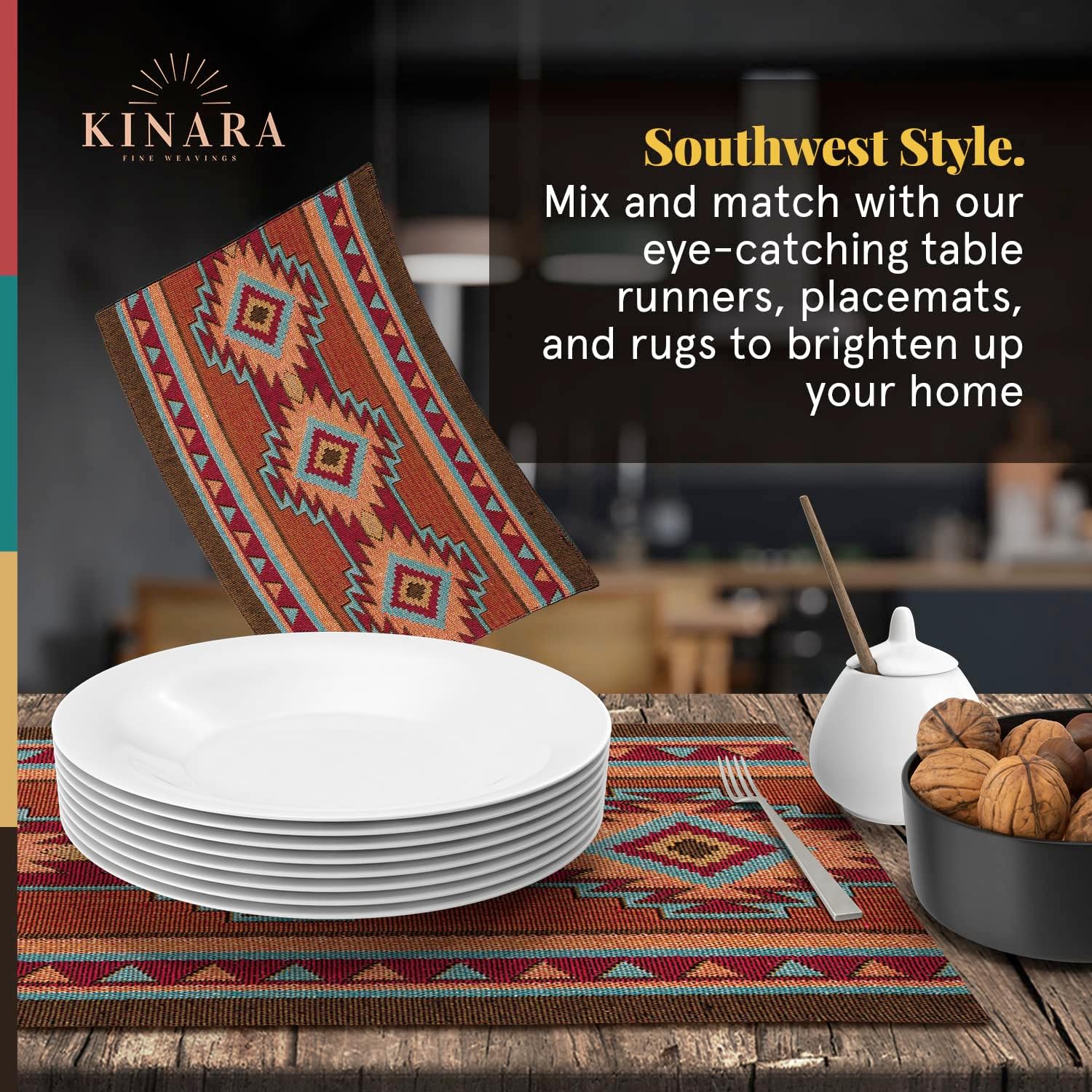 Kinara Luna Placemat Set – Southwestern Native American Design – Beautiful and Unique Pattern – Fine Weaving Four 12.25x19 inch Placemats.