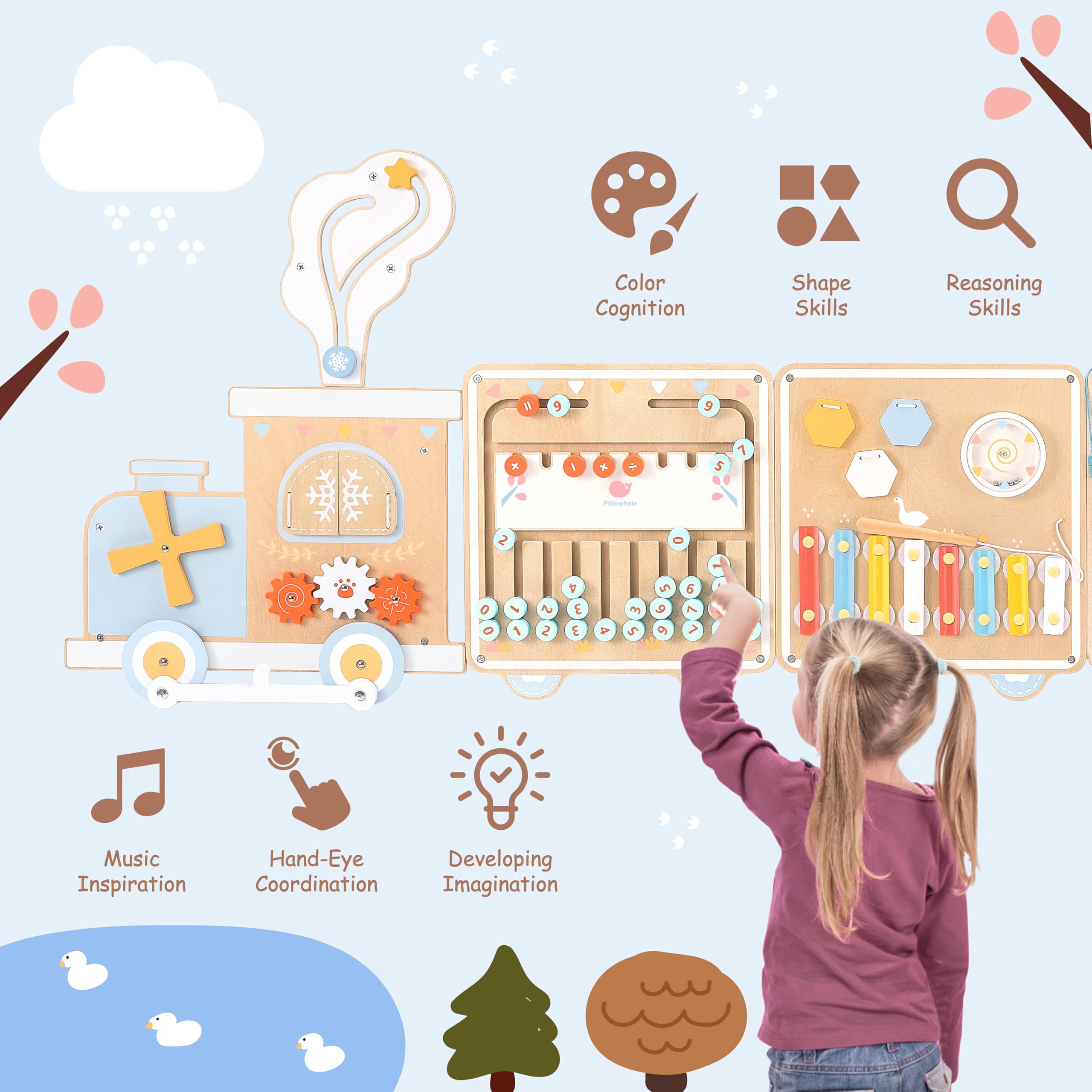 Tabla de actividades de tren de pared, juguetes sensoriales Montessori de madera, centro de actividades de aprendizaje 12 en 1 para sala de juegos, guardería, guardería, aula, juguetes 3