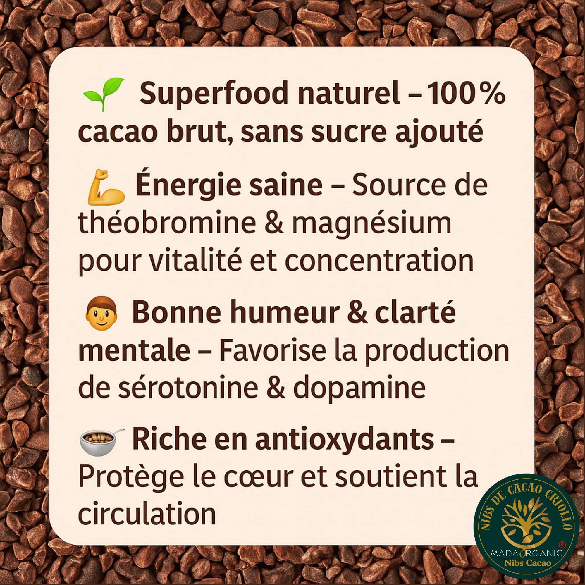 1 Kg - Raw Cacao Nibs Criollo – Grué de Cacao 100% Pur - Riche en Fer & Magnésium – Superfood de Madagascar – Direct de notre Coopérative Solidaire