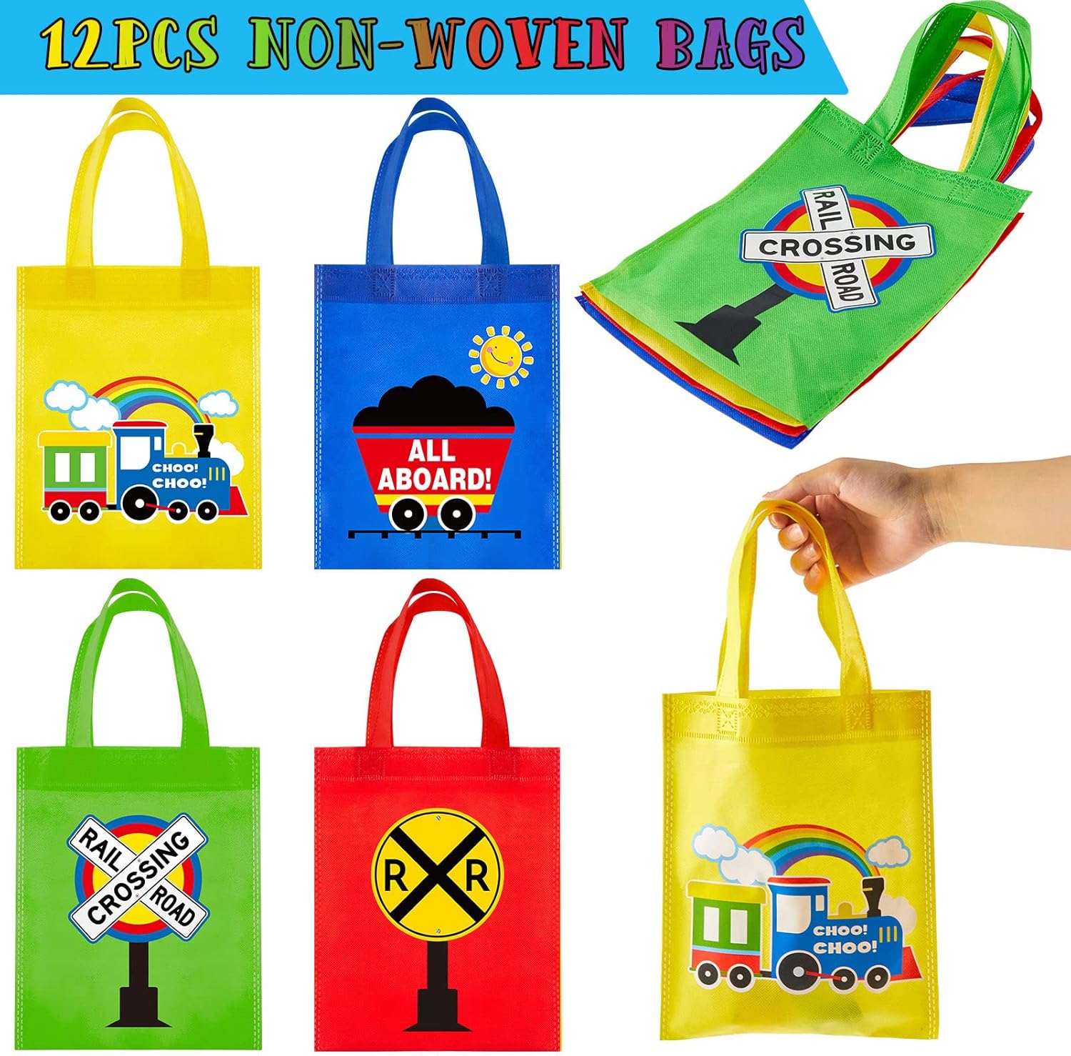 Sumind 228 Pcs Train Party Favors Birthday Decoration Non Woven Goodie Bags Plastic Straws Punch Balloons Stamps Stickers Silicone Wristbands for Train themed Birthday Party Supplies - Image 3