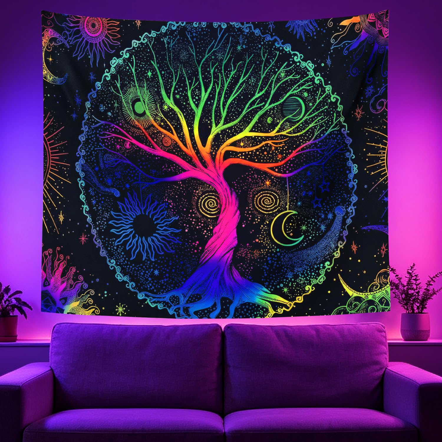 HIVTE Blacklight Reactive Tree of Life Wall Tapestry, Glow in The Dark Party Backdrop for Halloween Decor, UV Printed Bedroom Living Room Home Decoration Hanging - 130cm x 150cm