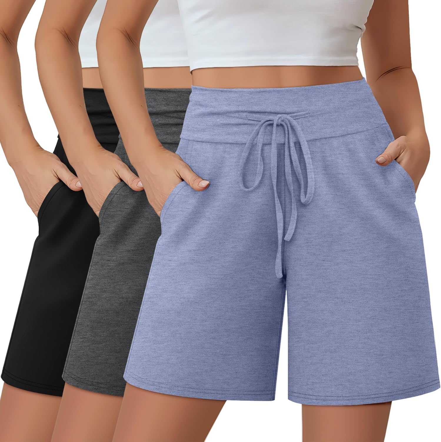 Neer 3 Pack Women's Bermuda Shorts, Knee Length Wide High Waisted Drawstring Casual Athletic Shorts with Pockets