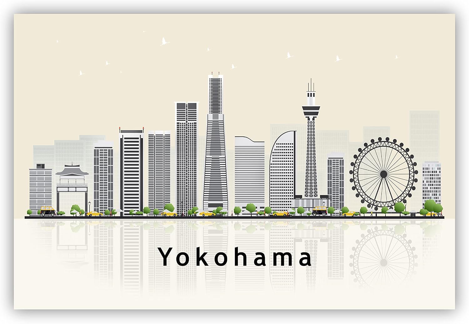 Pera Print Yokohama Poster, Japan Illustration Skyline City Poster, Modern Skyline Yokohama Poster, Cityscape and Landmark Print, Home-Office Wall Art Decoration - 12x18 Inches