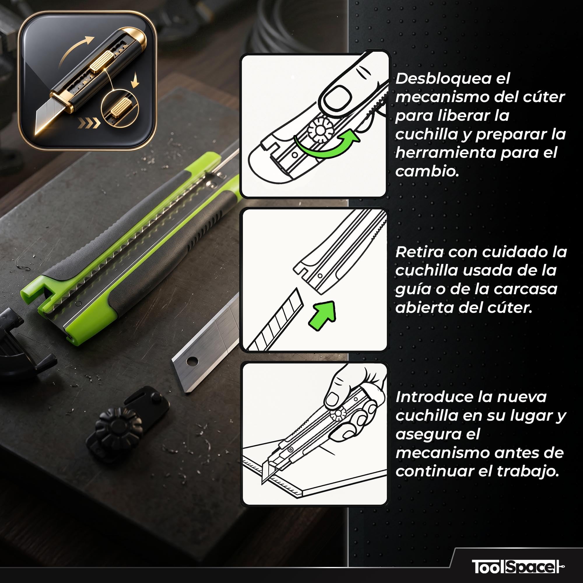 ToolSpace 12x Cúter Profesional 18 mm Con 22x Cuchillas SK5 Cuchilla Segmentada Mango Antideslizante Guía Metálica Cortador Para Cartón Papel Pintado Moqueta Plástico Bricolaje Taller Obra Pro Robusto
