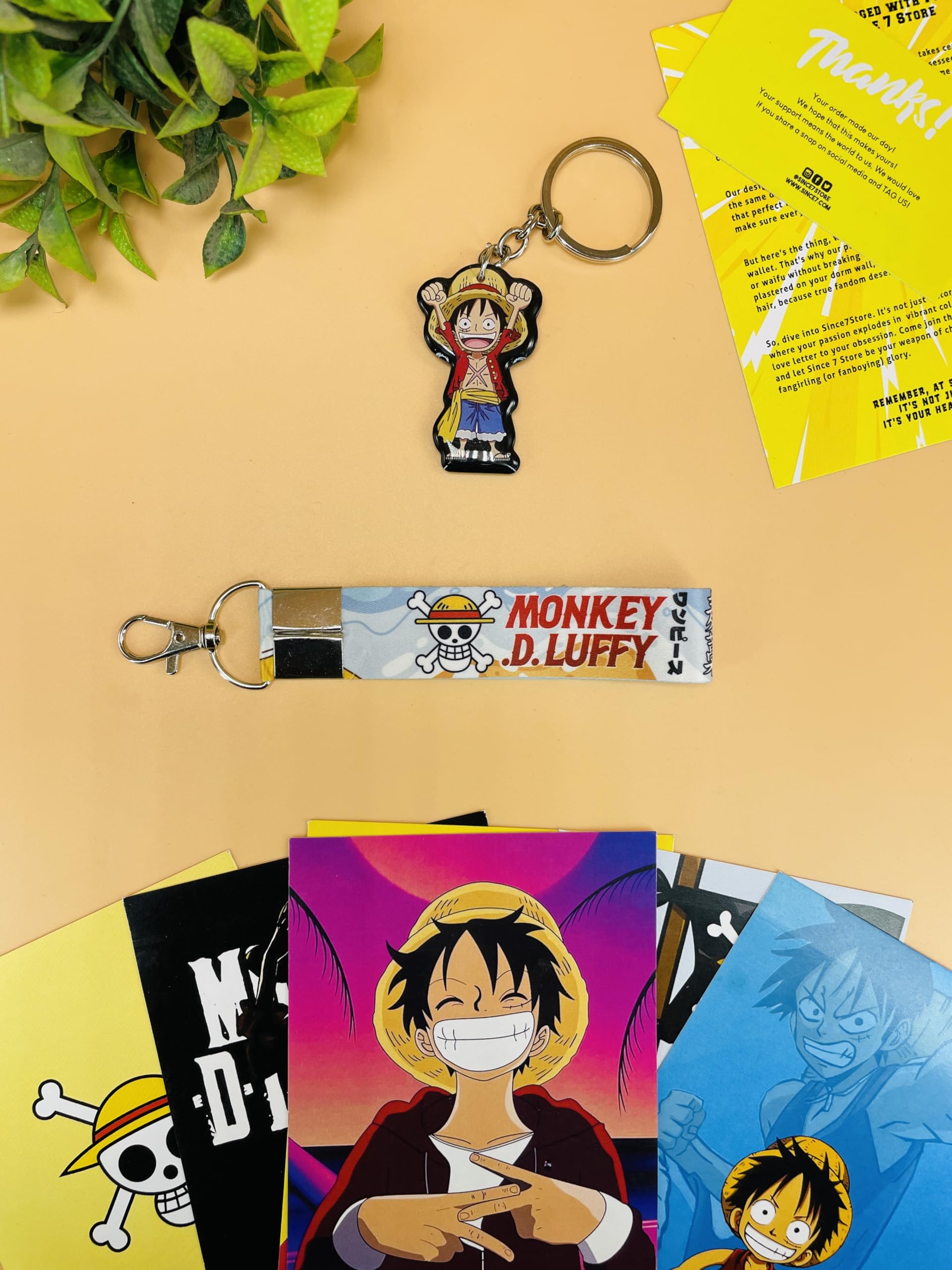 SINCE 7 STORE One Piece Monkey D Luffy 3 Item Gift Combo: 9 Self adhesive mini posters, 1 Double Sided Keychain, 1 Key-Tag - Gift For Anime Fans, Wall art, room decor, birthday