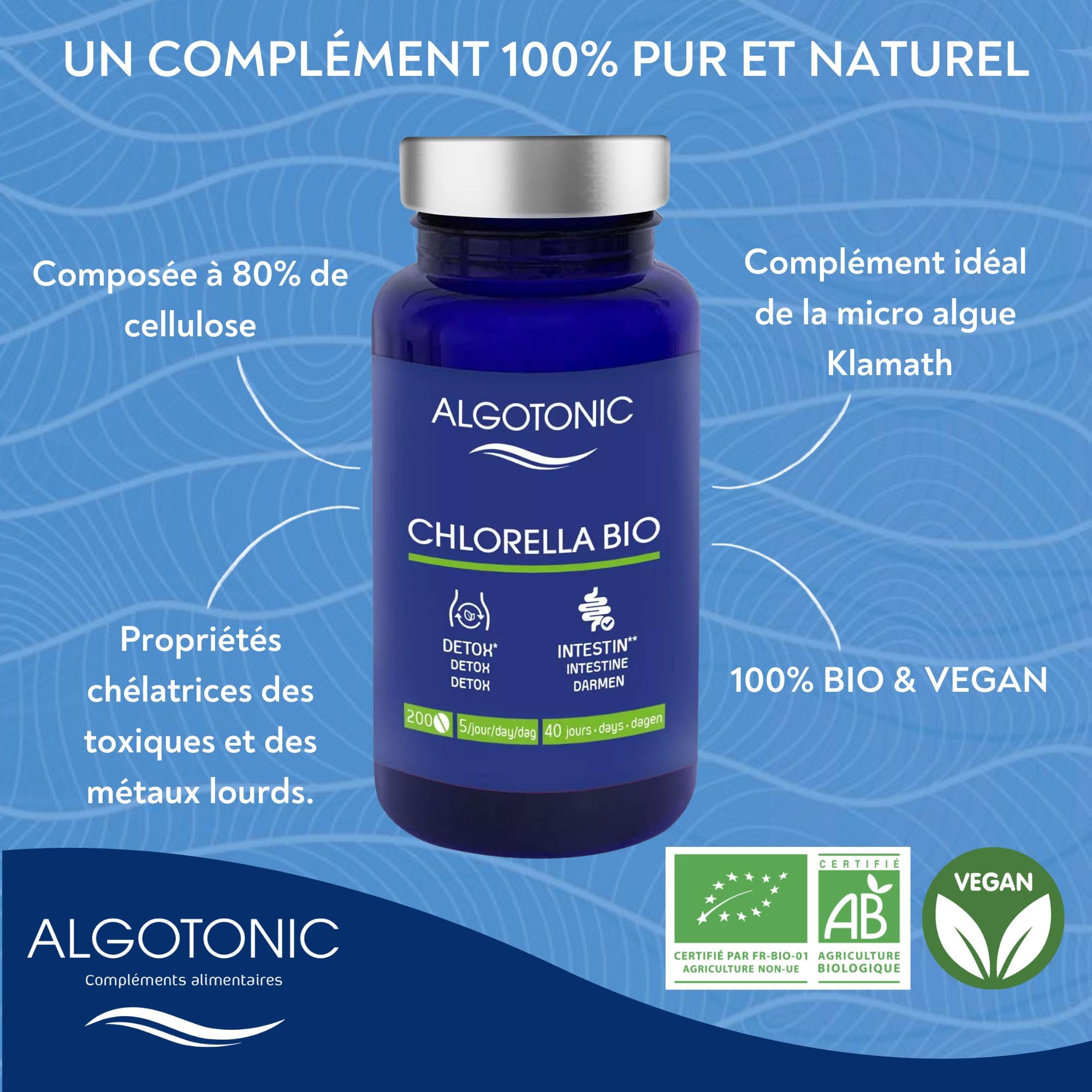 Chlorella Bio - 2500 mg par jour - 500 comprimés - Cure de 100 jours - Poudre de Chlorella vulgaris 100% PURE - Maintien d’une bonne santé intestinale - Detox - Intestin