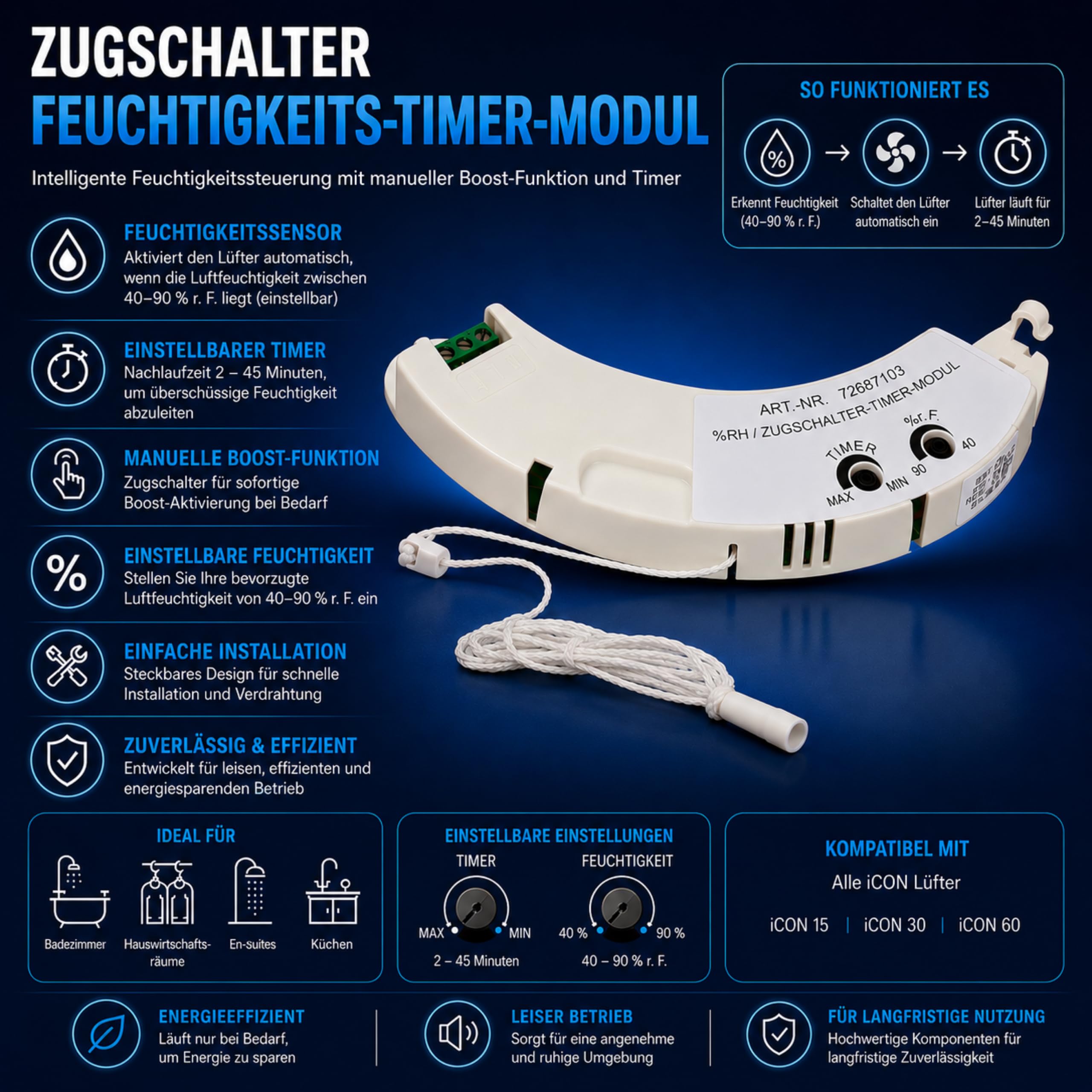 Airflow iCON HTM Steckmodul – Einstellbarer Feuchtigkeitssensor (40–90% rF), Nachlauf-Timer (2–45 Min) & Zugschalter-Aktivierung für iCON 15, 30 & 60 Lüfter – 3 Jahre Garantie