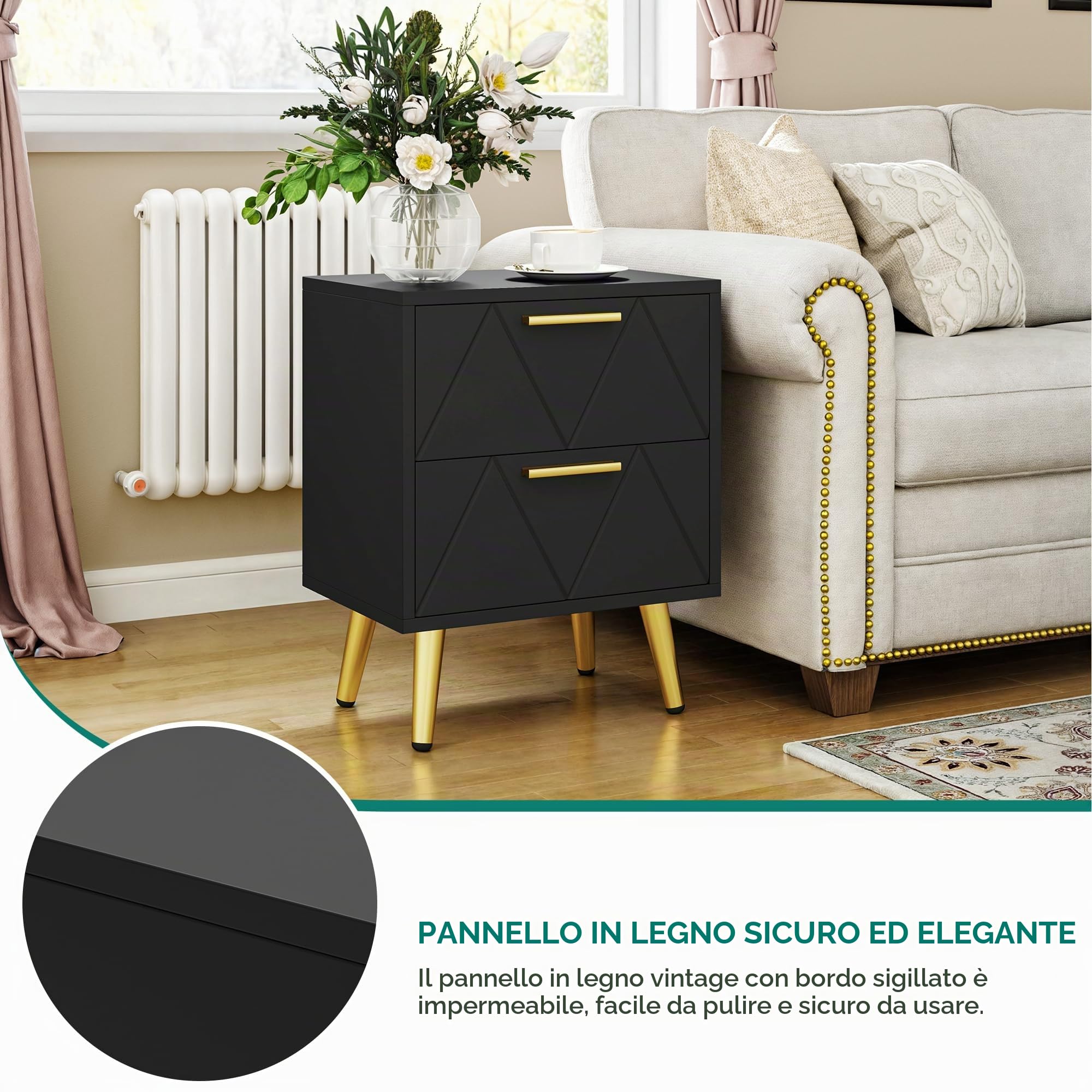 YITAHOME Set di 2 comodini con 2 cassetti, piccolo comodino con contenitore, comodino per soggiorno, camera da letto, ufficio, nero e oro, 40 x 30 x 52 cm, nero e oro