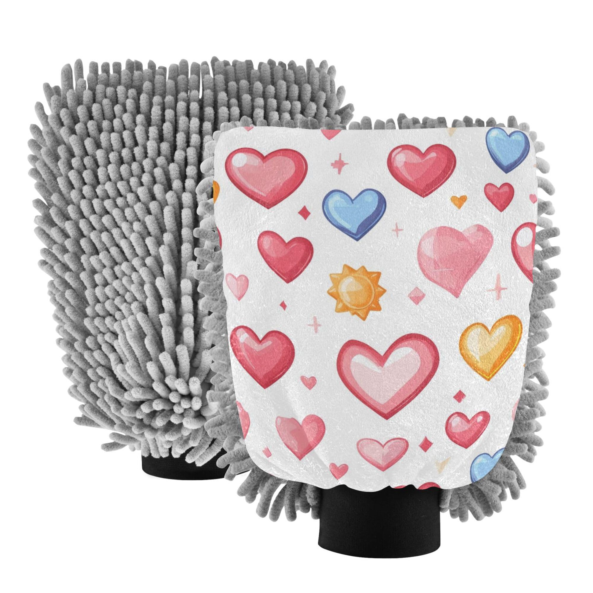 Valentines' Hearts Car Wash Mitts 2 Pack Cars Washing Mitt Scratch-Free Cleaning Mitten for Wash Drying