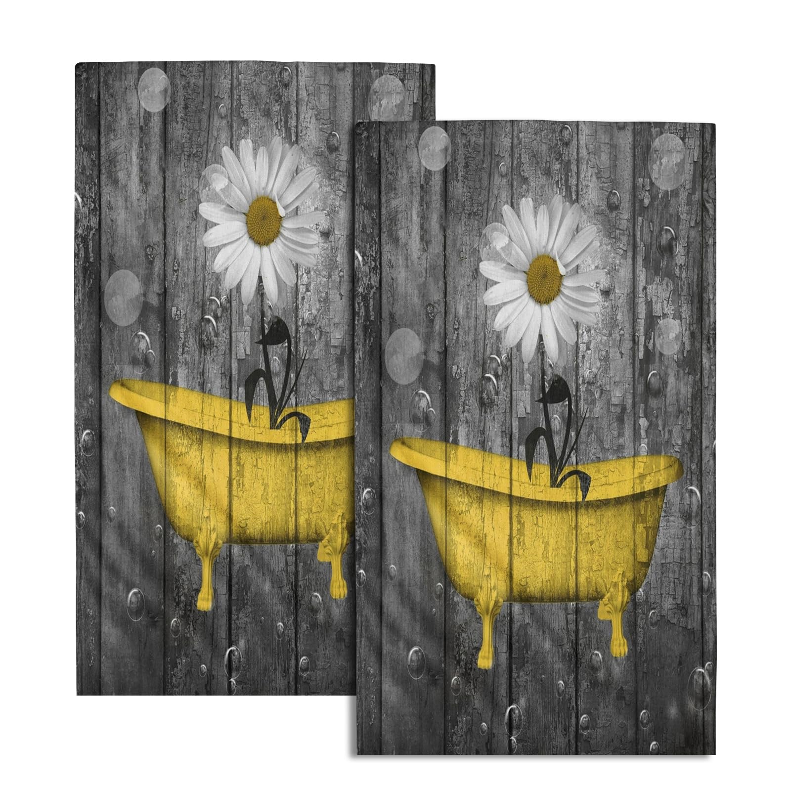 Giwawa Rustic Daisy Wooden Towels Set of 2- Bright Yellow Flower Shower in Bathtub Bubble on Vintage Country Barn Board- Farmhouse Plank Hand Face
