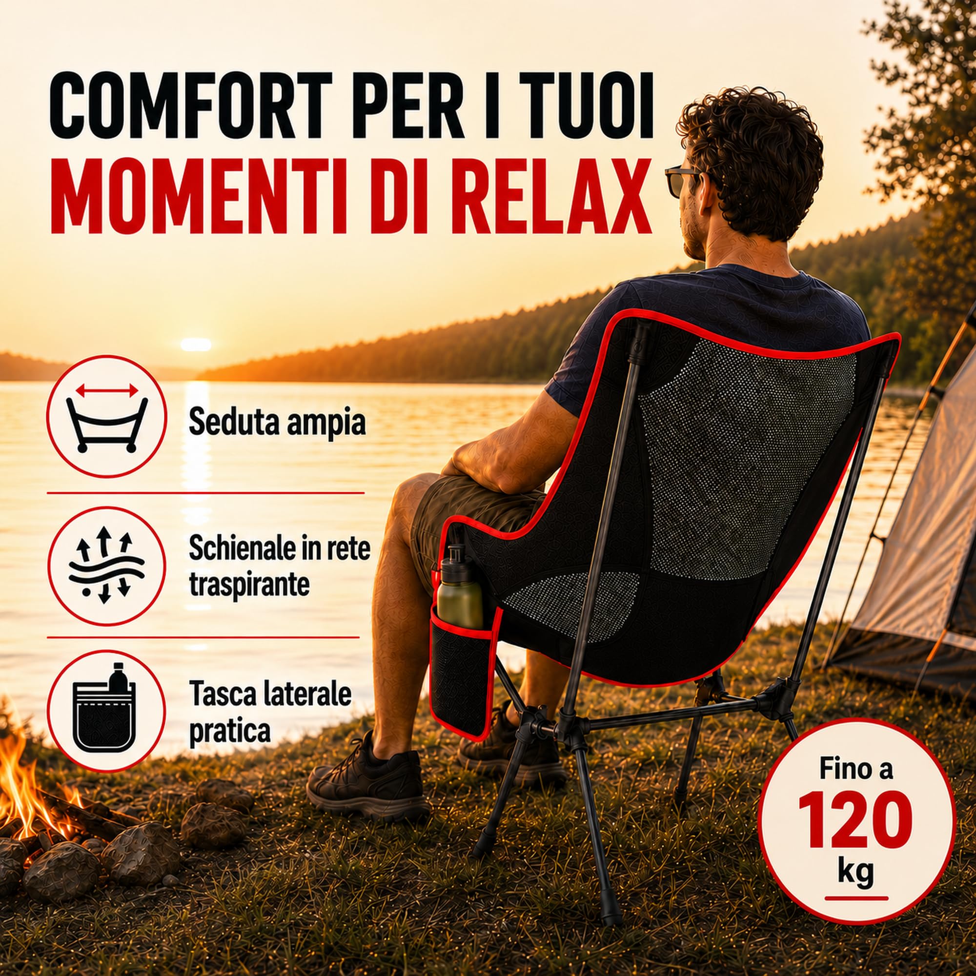Sedia da Campeggio Pieghevole Portatile fino a 1 20 kg, Moon Chair Outdoor in Oxford 900D con Tasca Laterale e Borsa da Trasporto, per Spiaggia Pesca Picnic Giardino