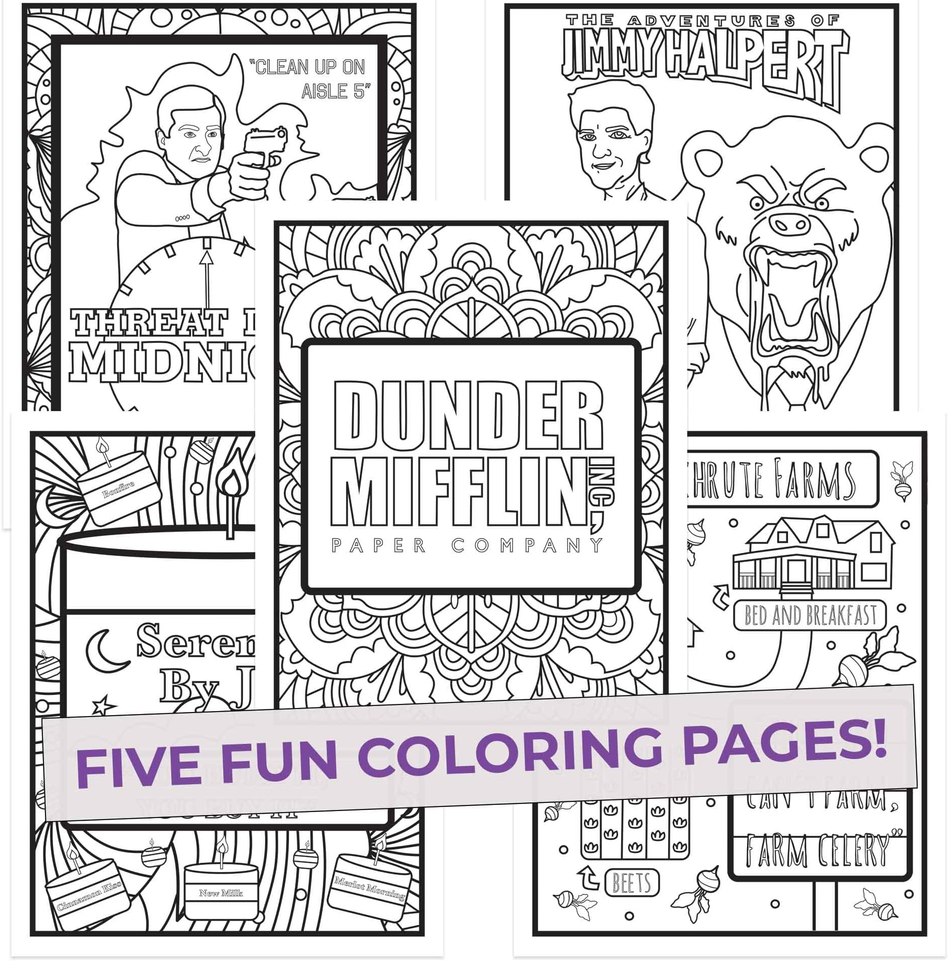 The Office Inspired Coloring Pages | Pack of 5 Different Designs for Pencil or Marker Coloring | 8.5” x 11” Standard Size – Easy to Frame | Heavy Cardstock | Makes a Great Gift