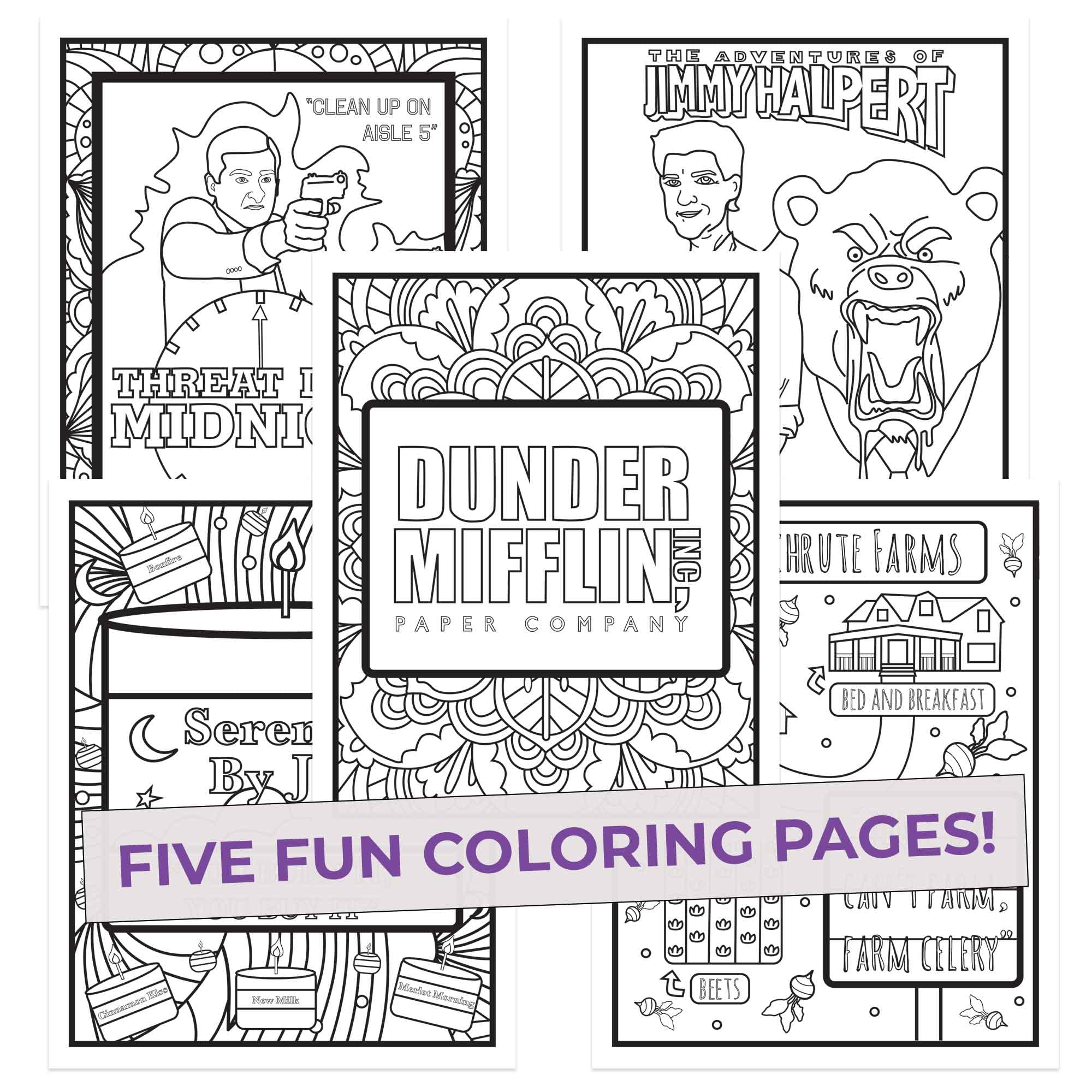 The Office Inspired Coloring Pages | Pack of 5 Different Designs for Pencil or Marker Coloring | 8.5” x 11” Standard Size – Easy to Frame | Heavy Cardstock | Makes a Great Gift