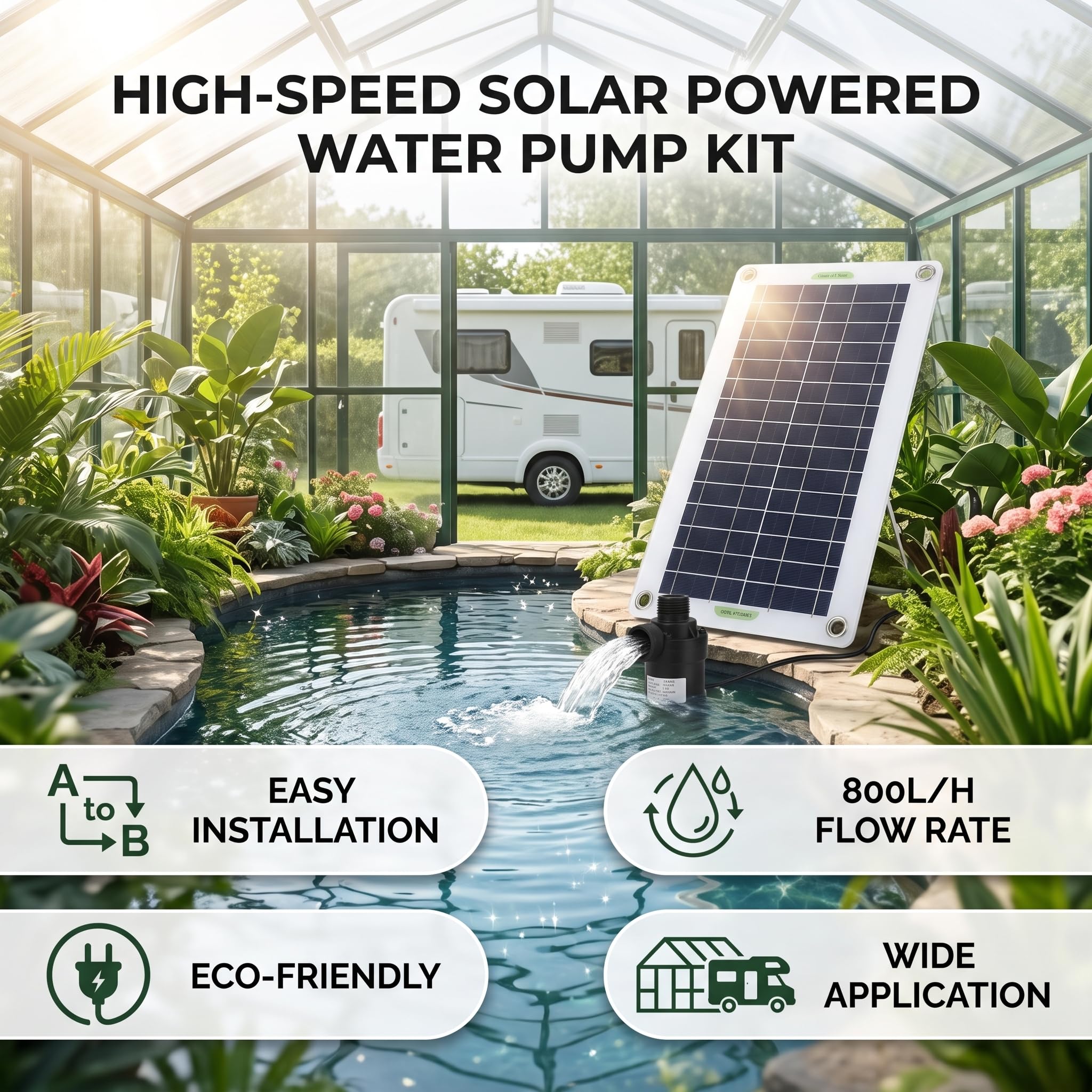 Keenso Kit Pompa Acqua Solare, Pompa Sommergibile DC12V 19W 800L/H con Pannello Solare da 30W, per da Turismo in Serra