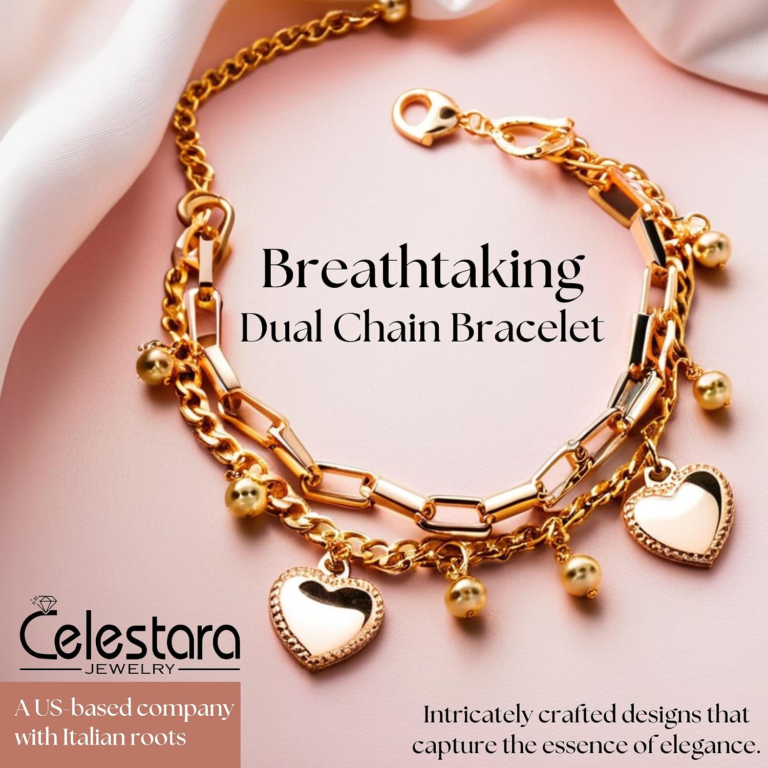 Stainless Steel Charm Bracelet for Women - 18K Gold Plated with Heart Pendant Bracelets, Adjustable Chain Design - Gift Box Included