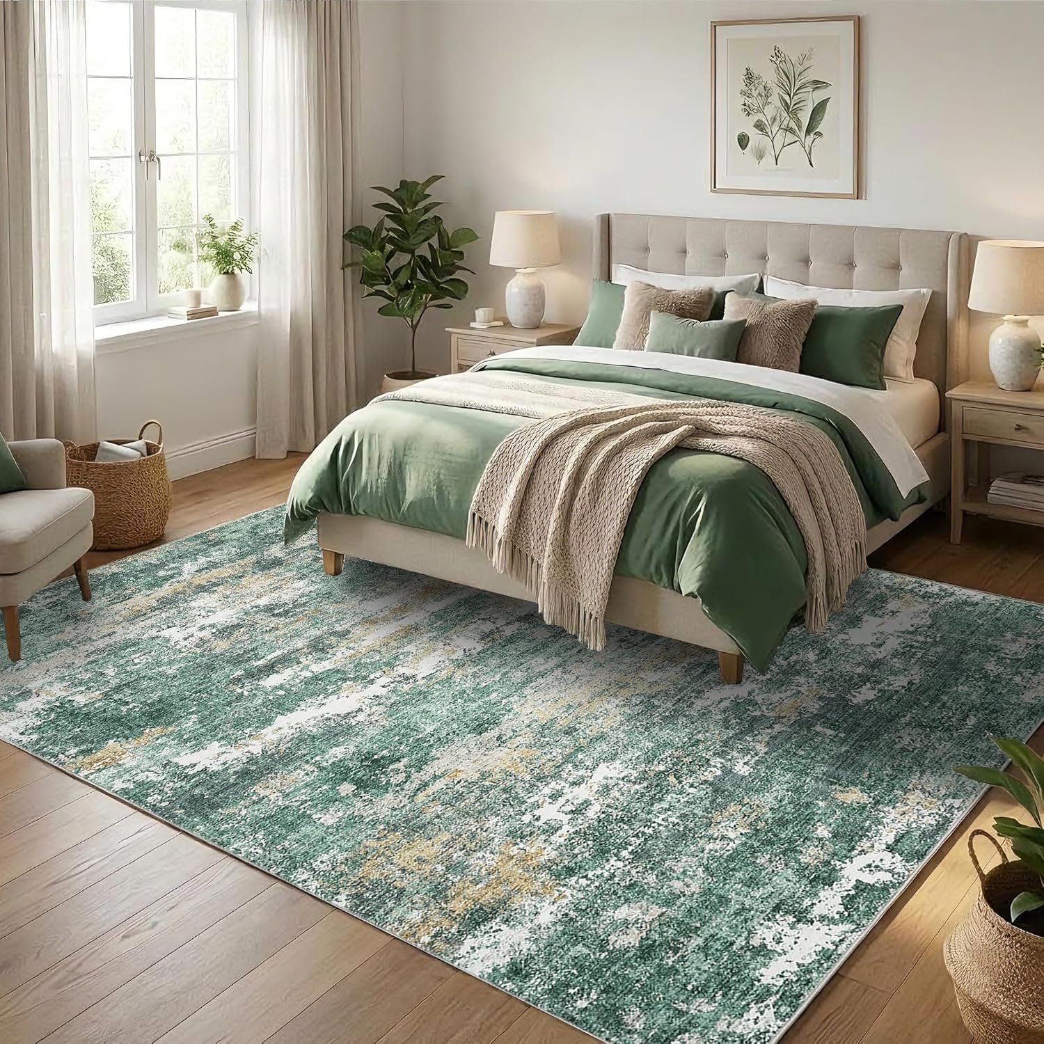 Tapis grand salon abstrait moderne vert beige blanc 200 x 300 cm pour chambre élégante