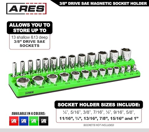 Miniatura 2 de ARES 60007-26 piezas de 38 pulgadas SAE Organizador magnético de enchufes - VERDE - Capacidad para 13 enchufes estándar (poco profundos) y 13
