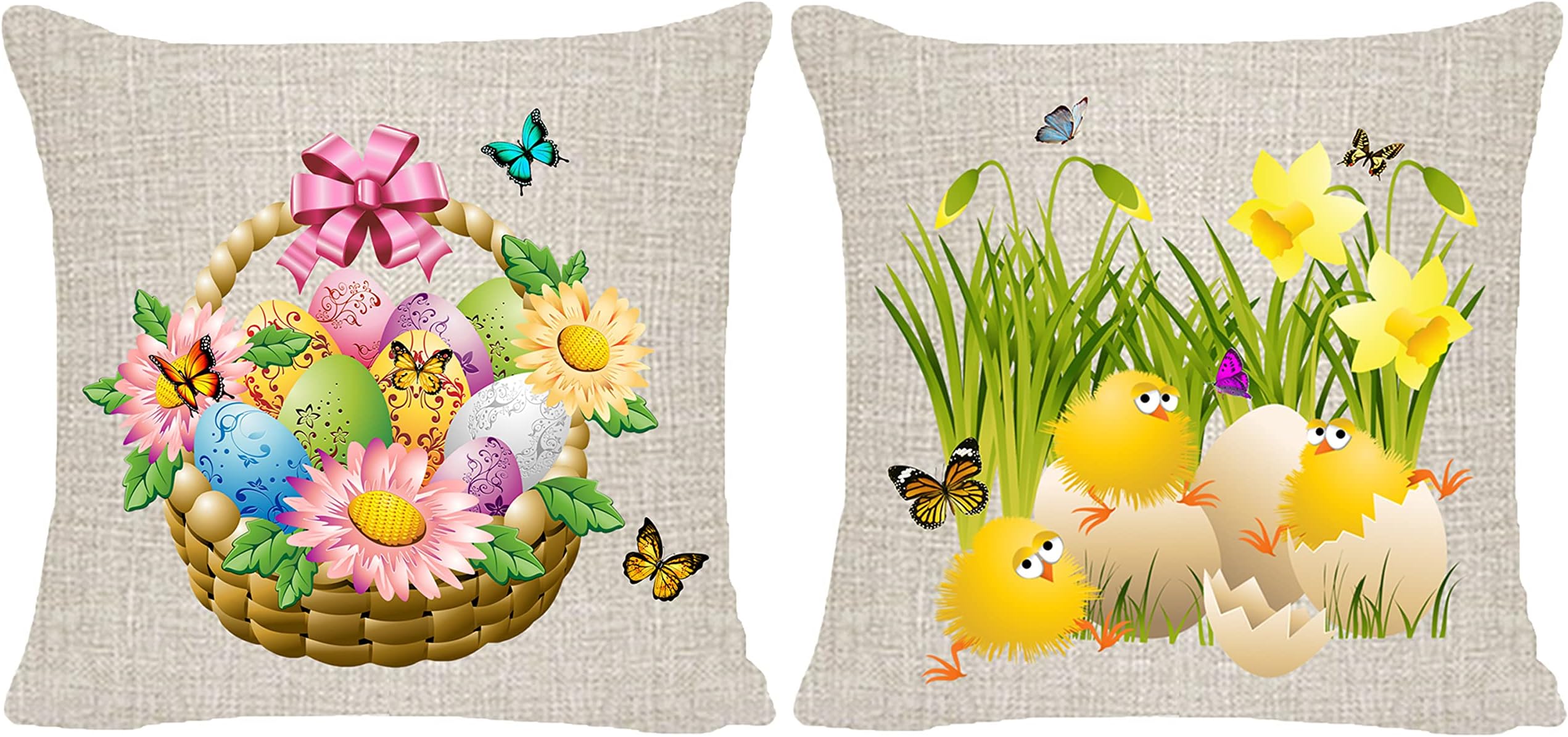 HysunlandEaster Pillow Cover 18x18 Set of 2 Colored Eggs Butterflies Basket Grass Spring Cushion Covers for The Home Burlap Farmhouse Pillow Cases with Zipper