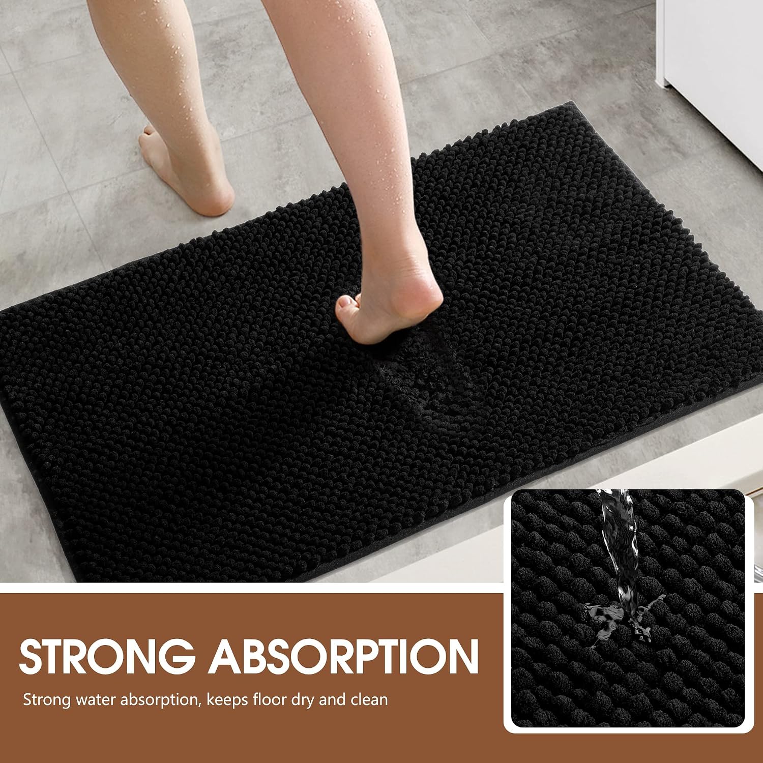 Dyforce Luxury Chenille Bath Mats,Non-Slip Soft Chenille Bath Mat Sets of 2PCS,Super Absorbent Mats for Bathroom Floor Washable(20"×30" + 20"×60",Black)