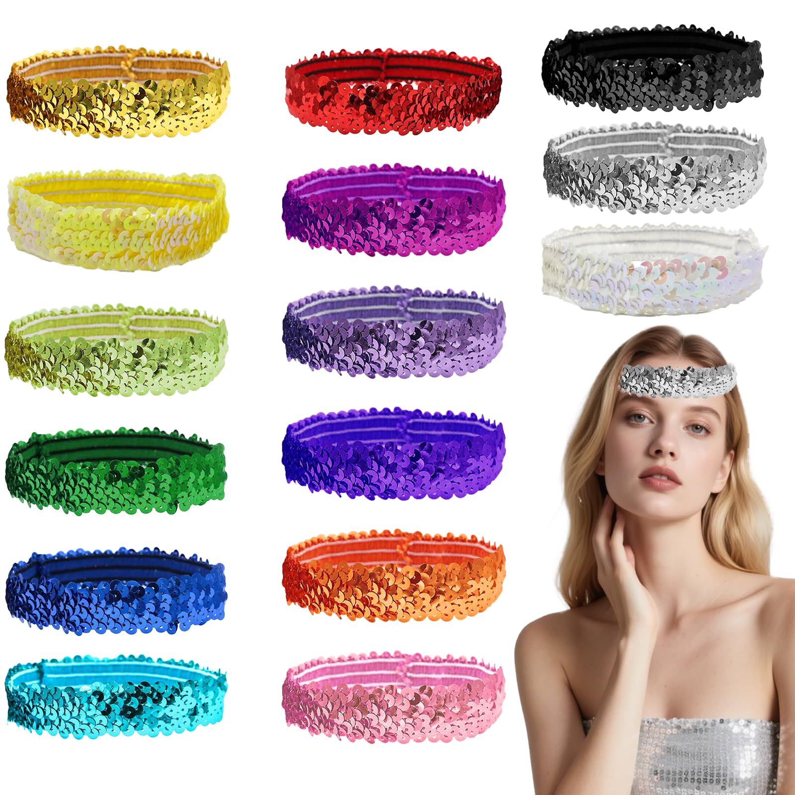 SAIIURV 20 Pieces Sequin Headband Elastic Sparkly Adjustable Size Disco Bling Sport Head Band for Women Fashion Glitter Shiny 70s Hair Accessories for Dance Party (20PCS