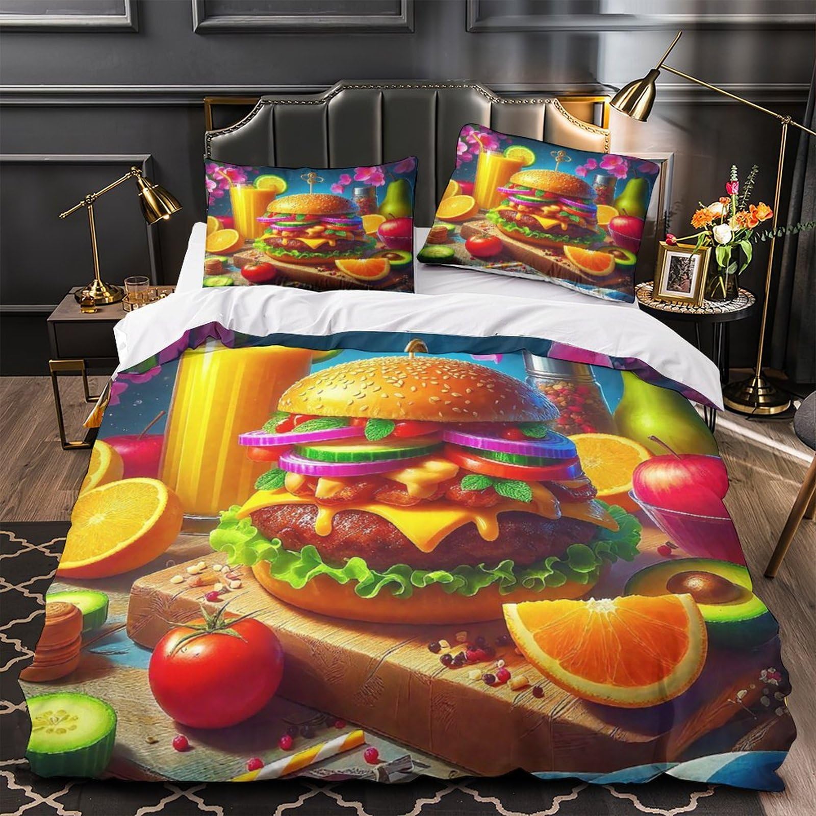 Housse de couette hamburger anti-glisse avec zip pour protéger et border un lit Super King