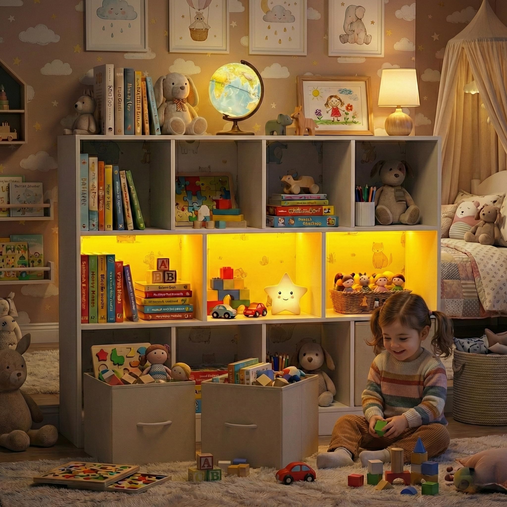 Bücherregal,Kleines Regal Bücher Holz,Kinder Raumteiler Regal Schrank mit 2 schubladen aus Vliesstoff 11 Fächern und lichtleiste,für Wohnzimmer Schlafzimmer Kinderzimmer Büro,Weiß,126x30x100cm