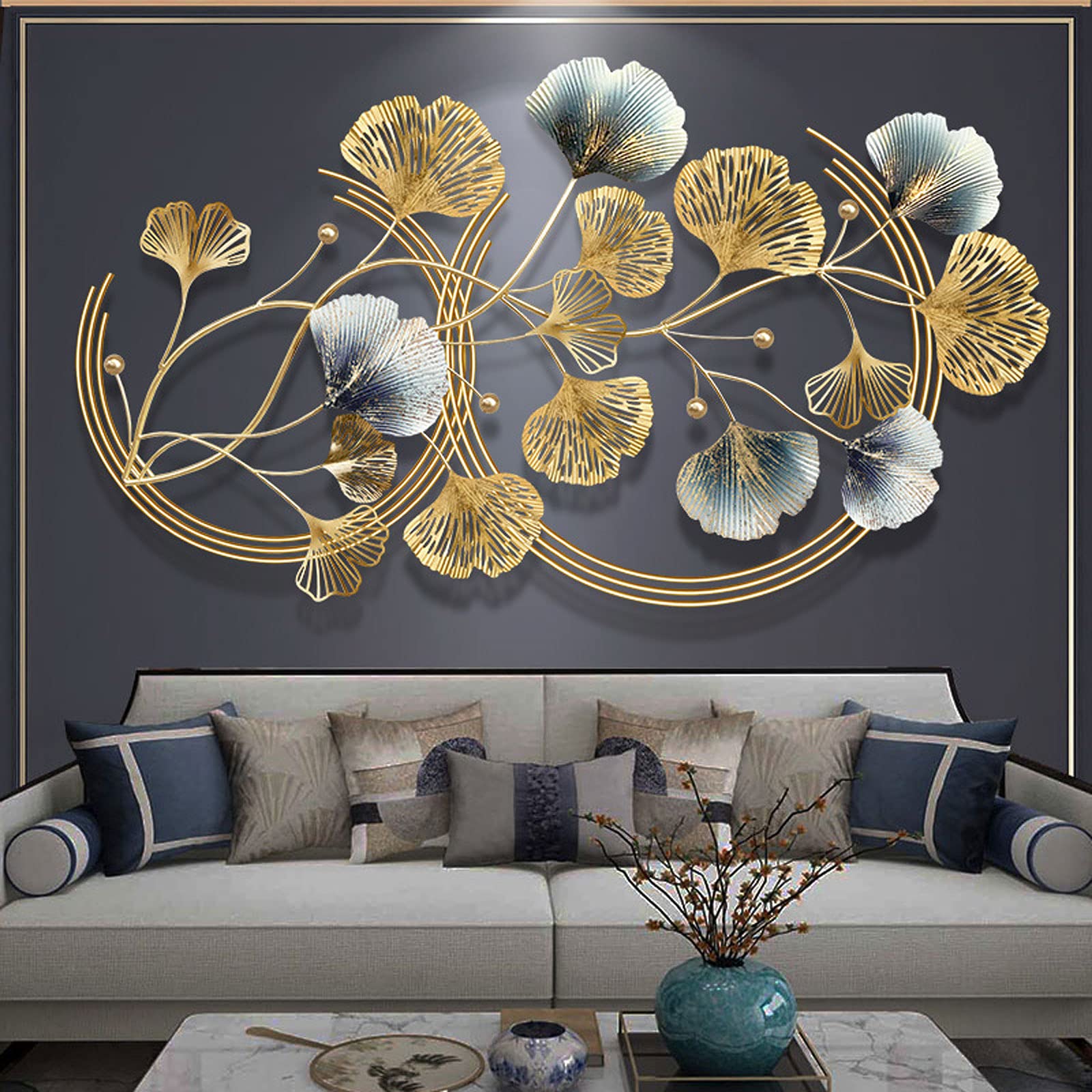 LIUSHI Sculpture Murale Decorative Design, Decoration Murale Design Moderne Salon 3d Fer Forge, Ginkgo Biloba Decoration Extravagante Accessoires pour Maison Cuisine Chambre