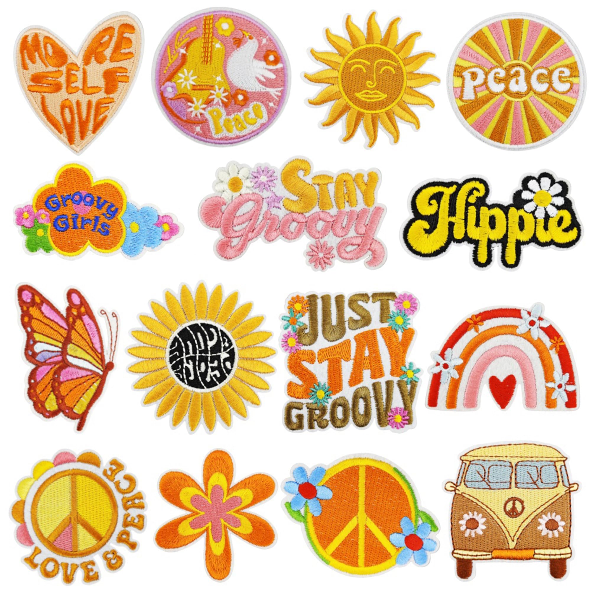 JMZLLRX 15 PCS Vintage Hippie Iron on Patches Appliques Stickers Orange Embroidered Sew on Patch Applique for Hats Clothing Jackets Backpacks and DIY Decorations