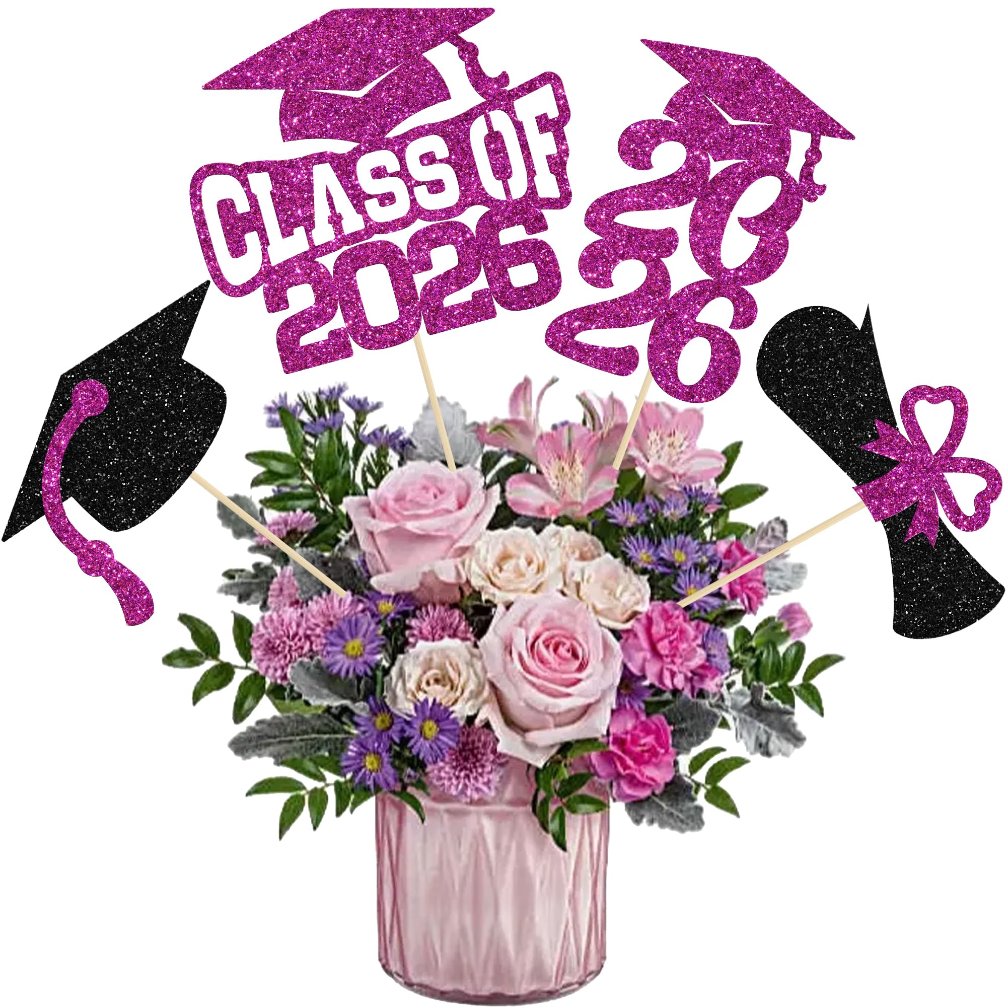 Ephlyn 12Pcs 2026 Graduation Centerpiece Sticks Double Sided Glitter Class of 2026 Table Centerpieces Diploma Congrats Grad Cap Flower Decorations for 2026 Graduation Theme Party Supplies Purple