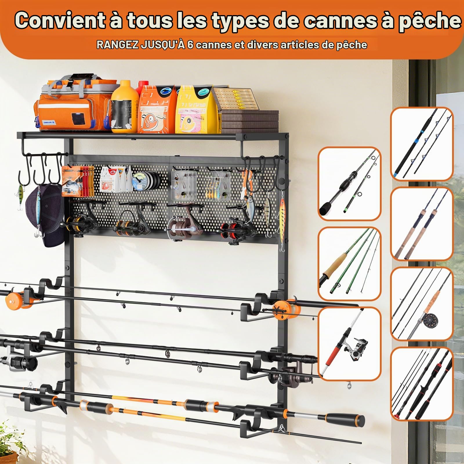 Bikoney Porte Canne à Pêche Mural pour Garage, Support Horizontal pour 6 Cannes avec Crochets et Panneau Perforé, Organisateur de Rangement de Pêche, Idée Cadeau pour Hommes Pêcheurs Papa