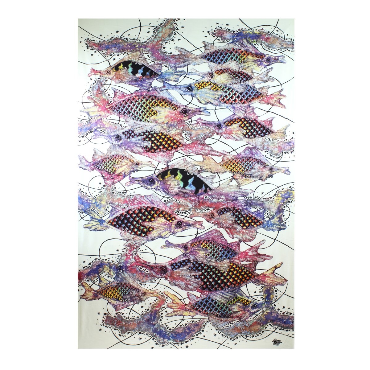 Batik Art Painting Fish Prosperity White BG by Agung 90cm x 150cm