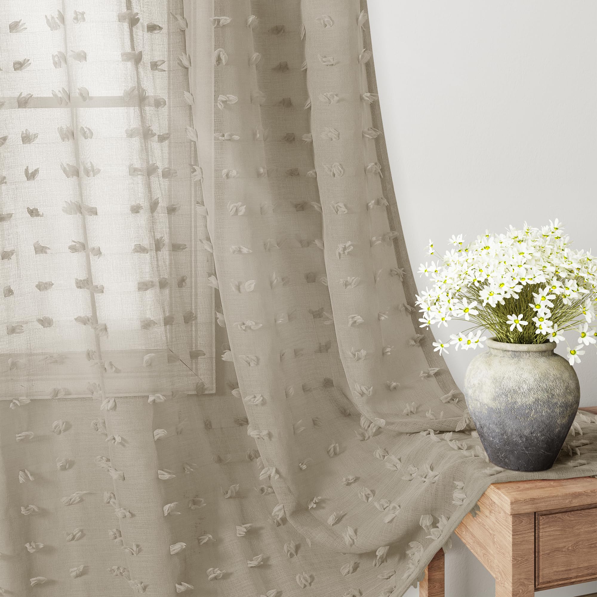 Guken Sheer Curtains 84 Inch Length 2 Panels Sets for Living Room Bedroom 52 Inch Width Farmhouse Boho Drapes Light Filtering Pom Pom Curtains Tufted