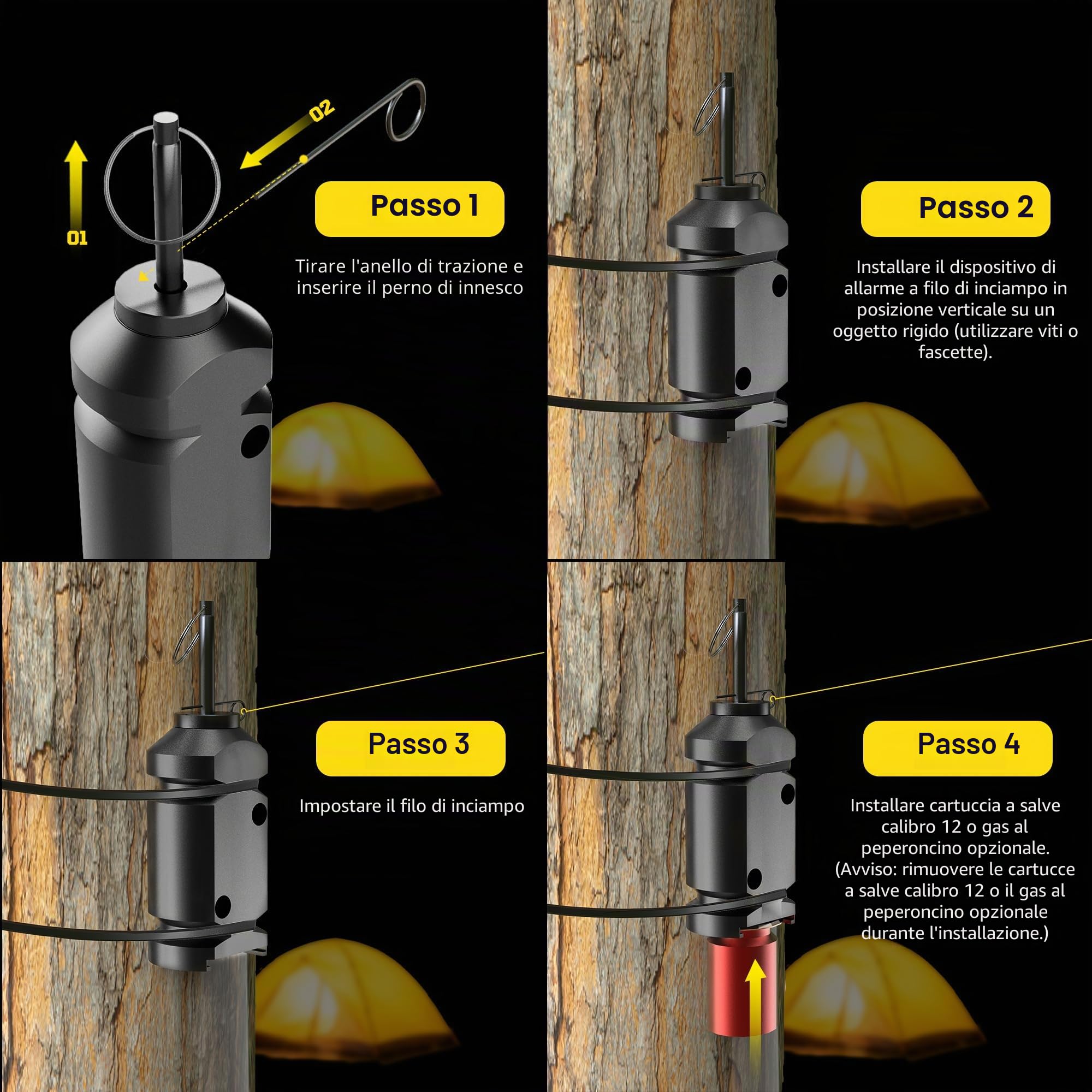 Confezione da 4 allarmi perimetrali da 12 gauge, dispositivo di allarme per campeggio, con 8 viti e catena di estensione, sistema di allarme rapido per campeggio e sicurezza esterna/deterrente per