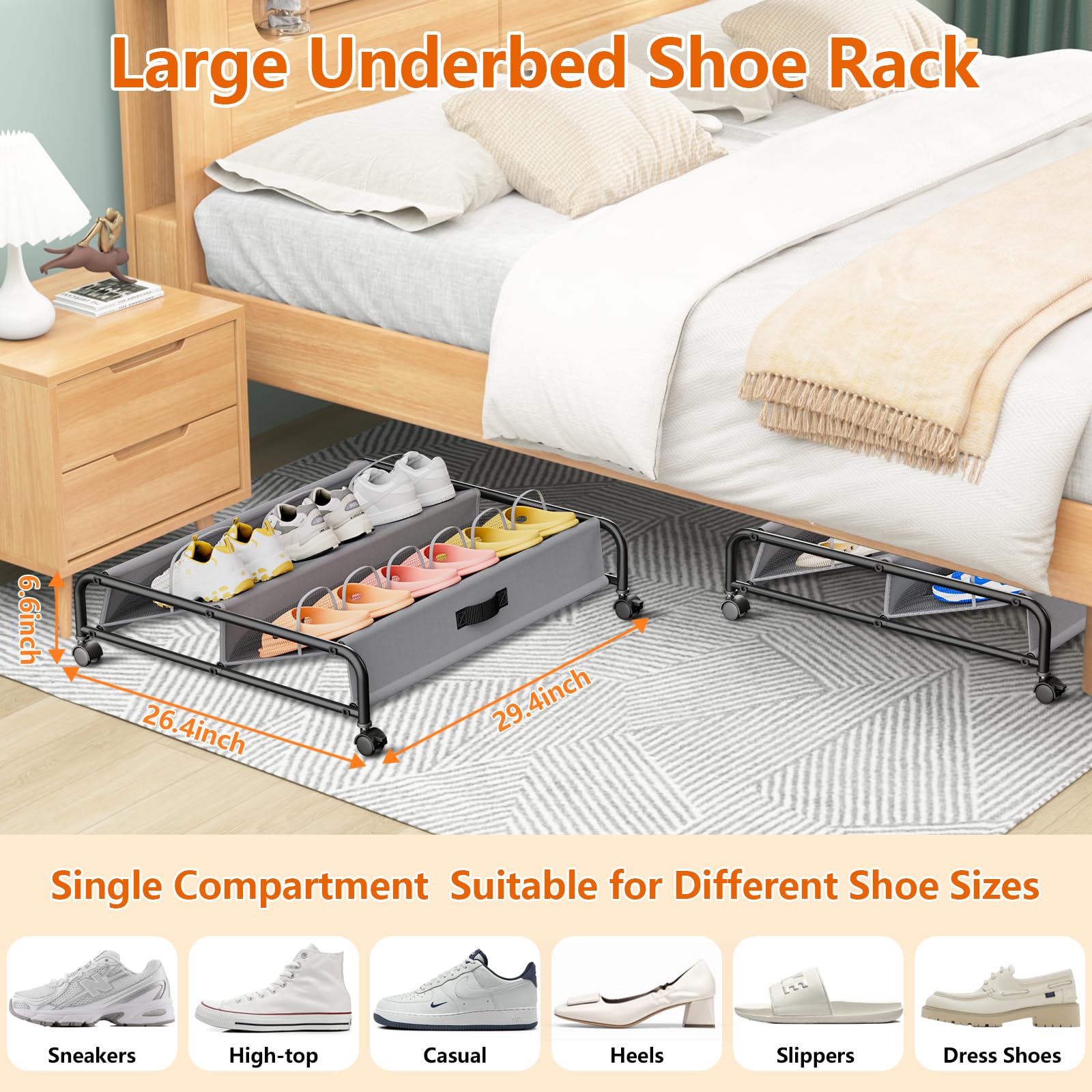 OFUSUY Under Bed Shoe Storage with Wheels, 2 Pack Rolling Under Bed Storage Containers for Shoes with Breathable Mesh Pockets, Metal Underbed Shoe Rack Organizer Bedroom Organization