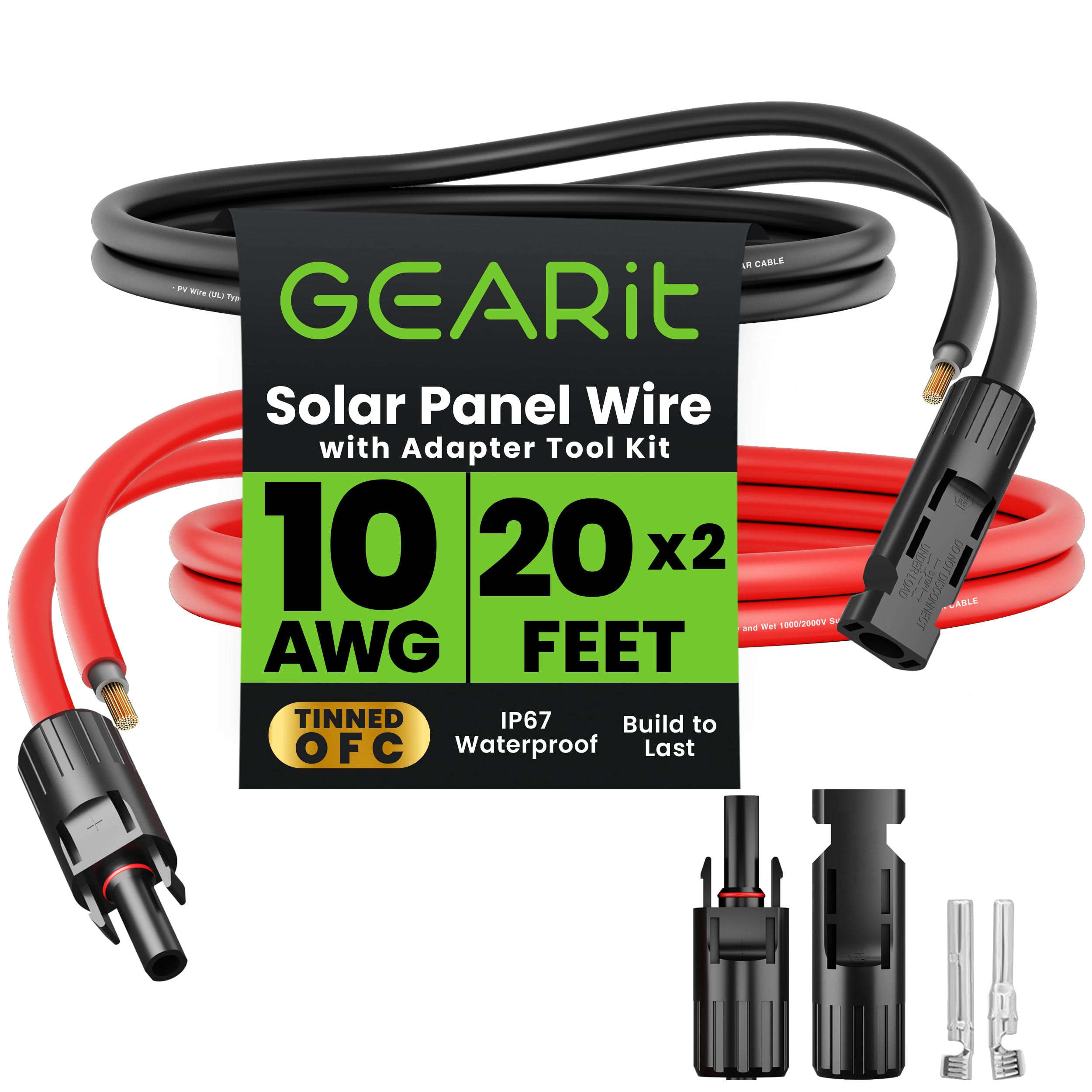 GEARit 10AWG Solar Extension Cable (20FT Black - 20Ft Red) Male to Female Solar Connectors with Adapter Tool Kit, Solar Panel Renewable Energy, 10 Gauge Pure Copper Extension Cord, 20 Feet