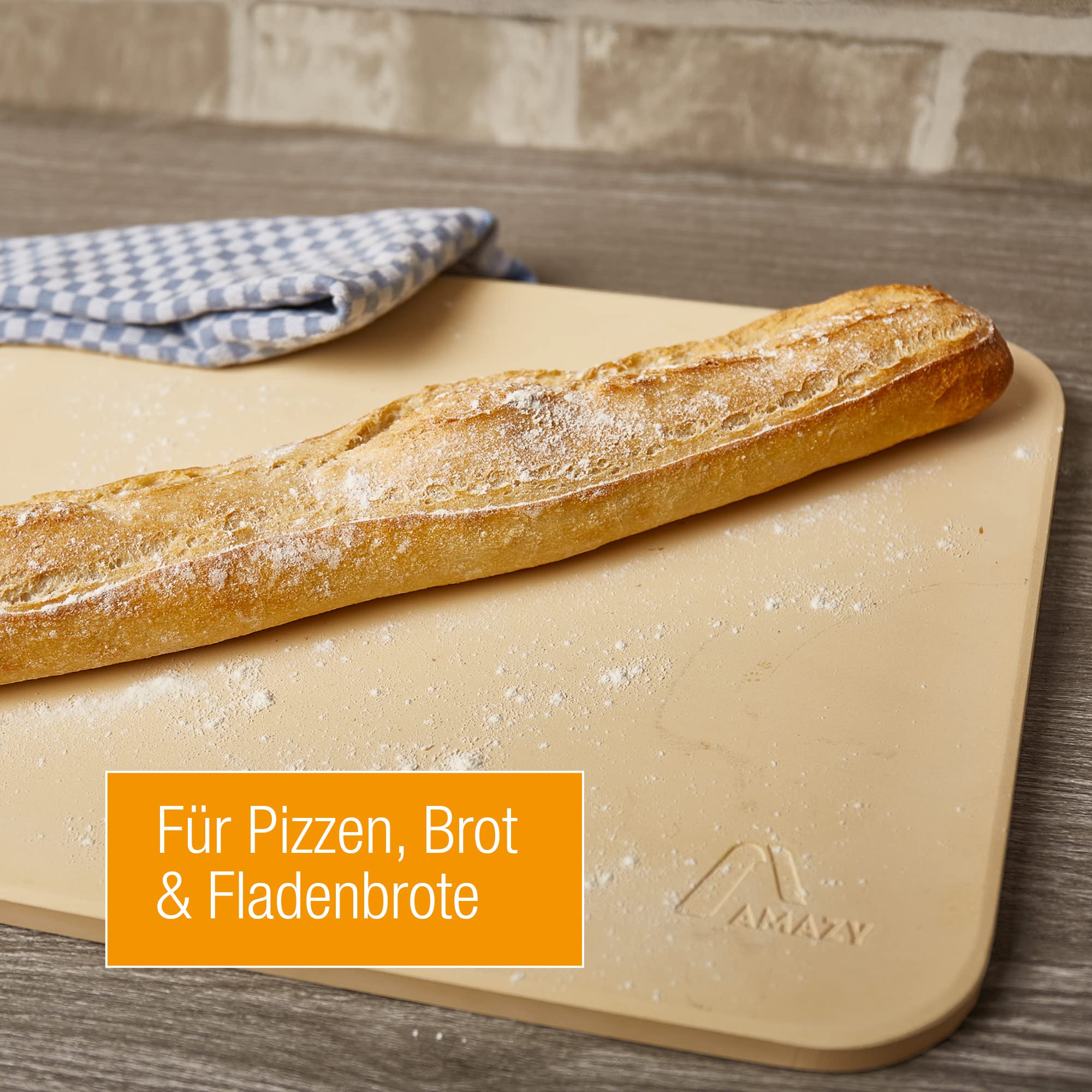 Amazy Pizzastein inkl. Bambus Pizzaschaufel, Dauerbackfolie und Beileger – Der Ultra-hitzebeständige Brotbackstein verleiht Ihrer Pizza den original italienischen Geschmack knuspriger Steinofenpizza