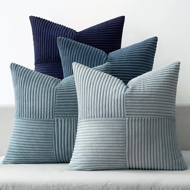 MIULEE Dusty Couvertures d'oreiller à la ferme Blue Navy 18x18 Ensemble de pouces 4 Boho Patchwork Gradient Coussin Cases Western Modern Oreiller Cases Corduroy Home Décor pour Canapé Canapé Salon Lit