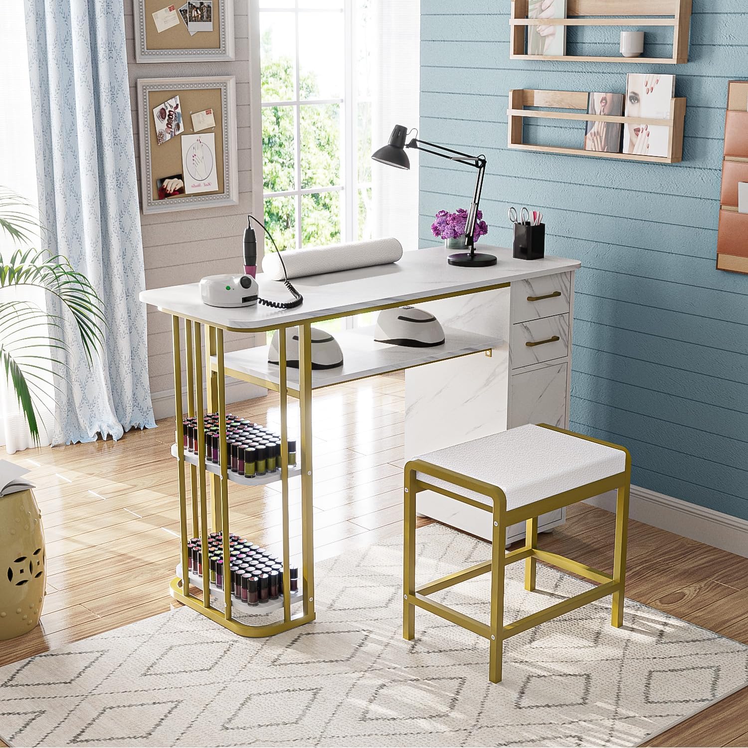 advwin Nail Desk Manicure Table in a salon setting, showcasing its modern design and storage.