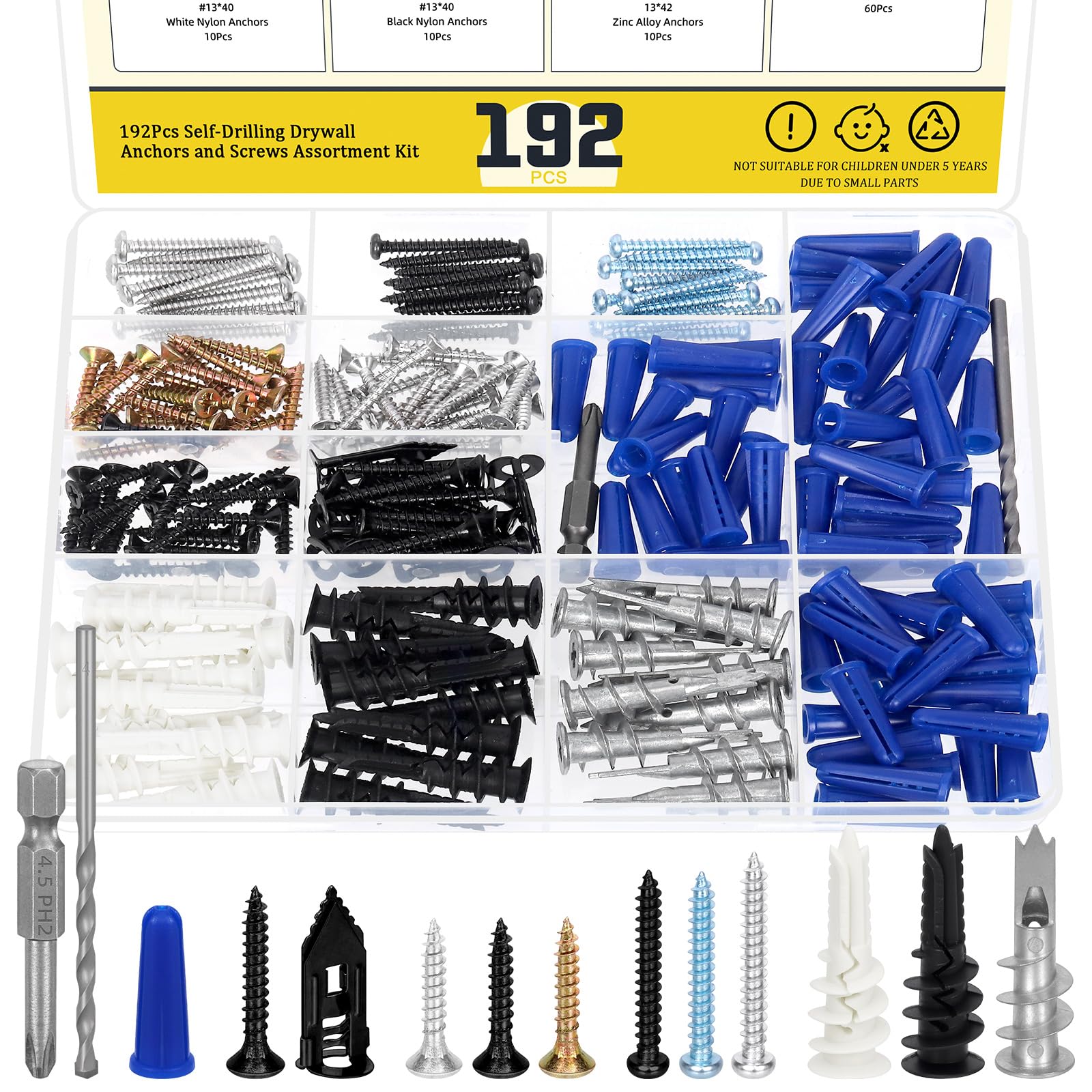 Mardatt 192PCS Self-Drilling Drywall Anchors Kit, Including Sheetrock Anchors, Expansion Screws, Wood Screws