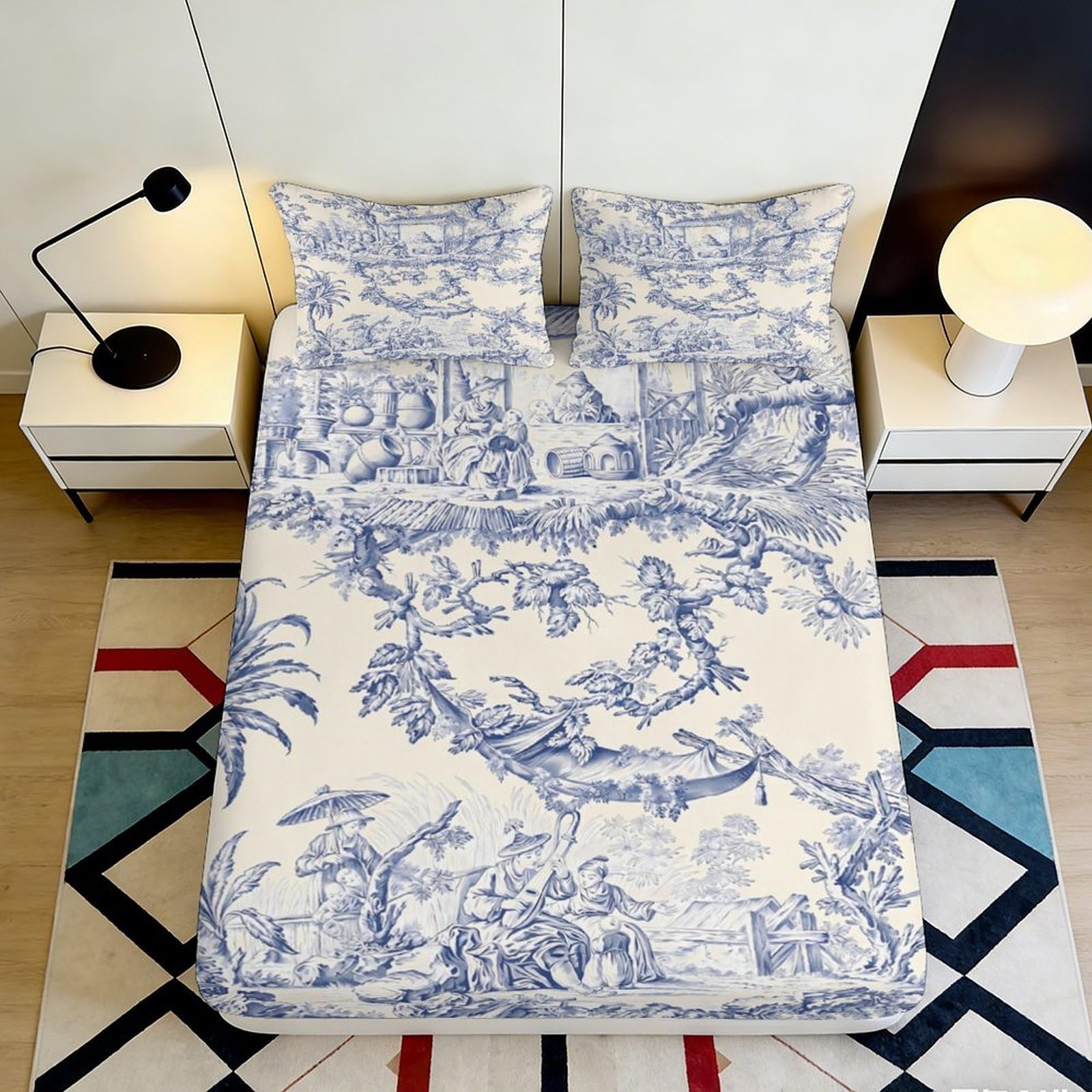 3D Printed Vintage Toile Fitted Sheet Microfiber Anti-Slip Elegant Pastoral Mattress Cover for Bedroom Guest Room Decor 90x200x25cm